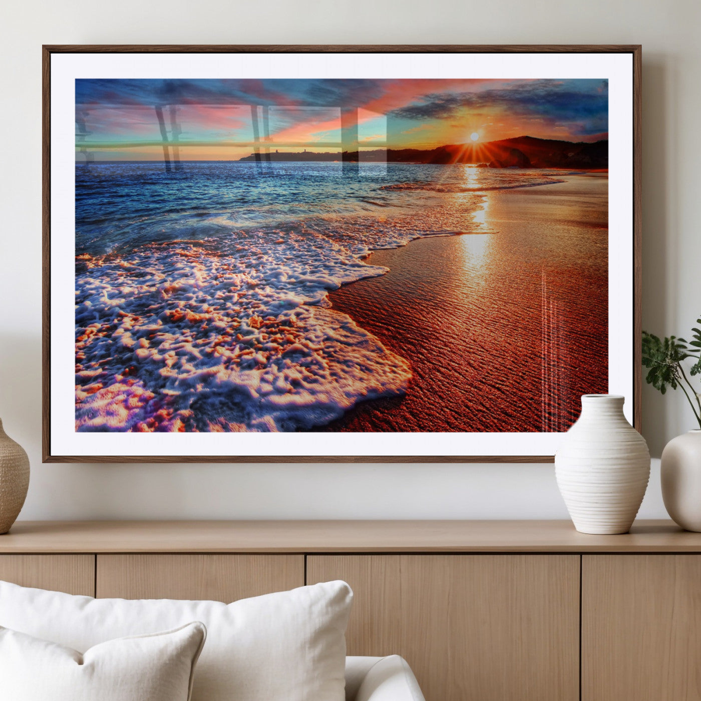 MGC-FP-36x24 - Colorful Coastal Sunset on the Beach Canvas Print, Ocean Waves Crashing at Dusk, Multi-Panel