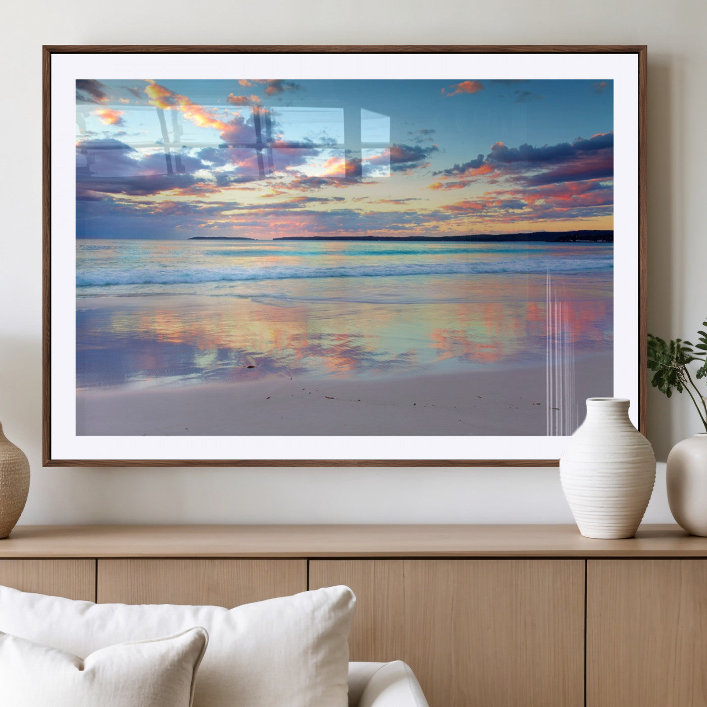 MGC-FP-36x24 - Tranquil Pastel Sunset Beach Triptych Canvas Art, Soothing Coastal Ocean Shoreline Giclee Print,