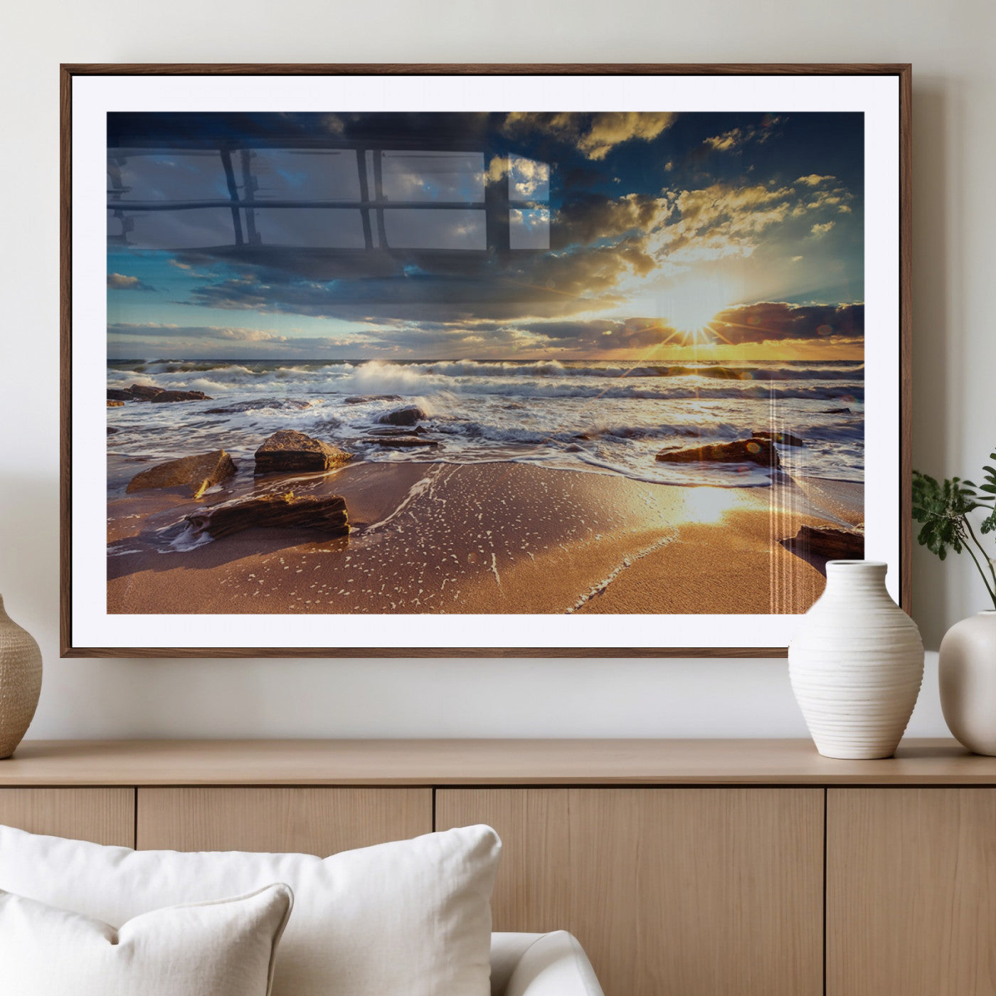 MGC-FP-36x24 - Golden Hour Beach Sunset Canvas Triptych, Ocean Waves and Rocks Wall Art for Coastal Home Decor