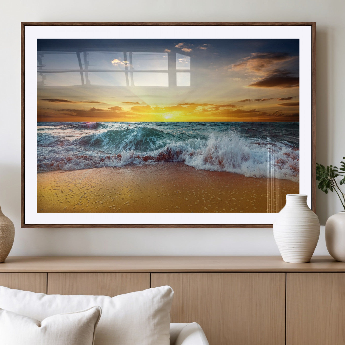 -Golden Sunset Ocean Waves Wall Art Canvas Print – Multi Panel Beach Canvas Print Set – Large Coastal