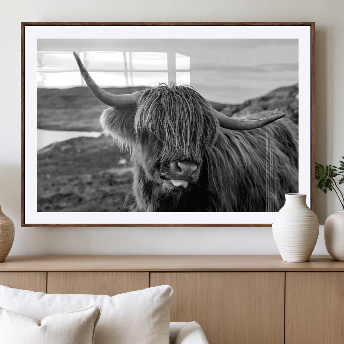MGC-FP-36x24 - Longhorn Steer Canvas Print Wall Art, Highland Cow Canvas Wall Art – Black and White Animal Portrait