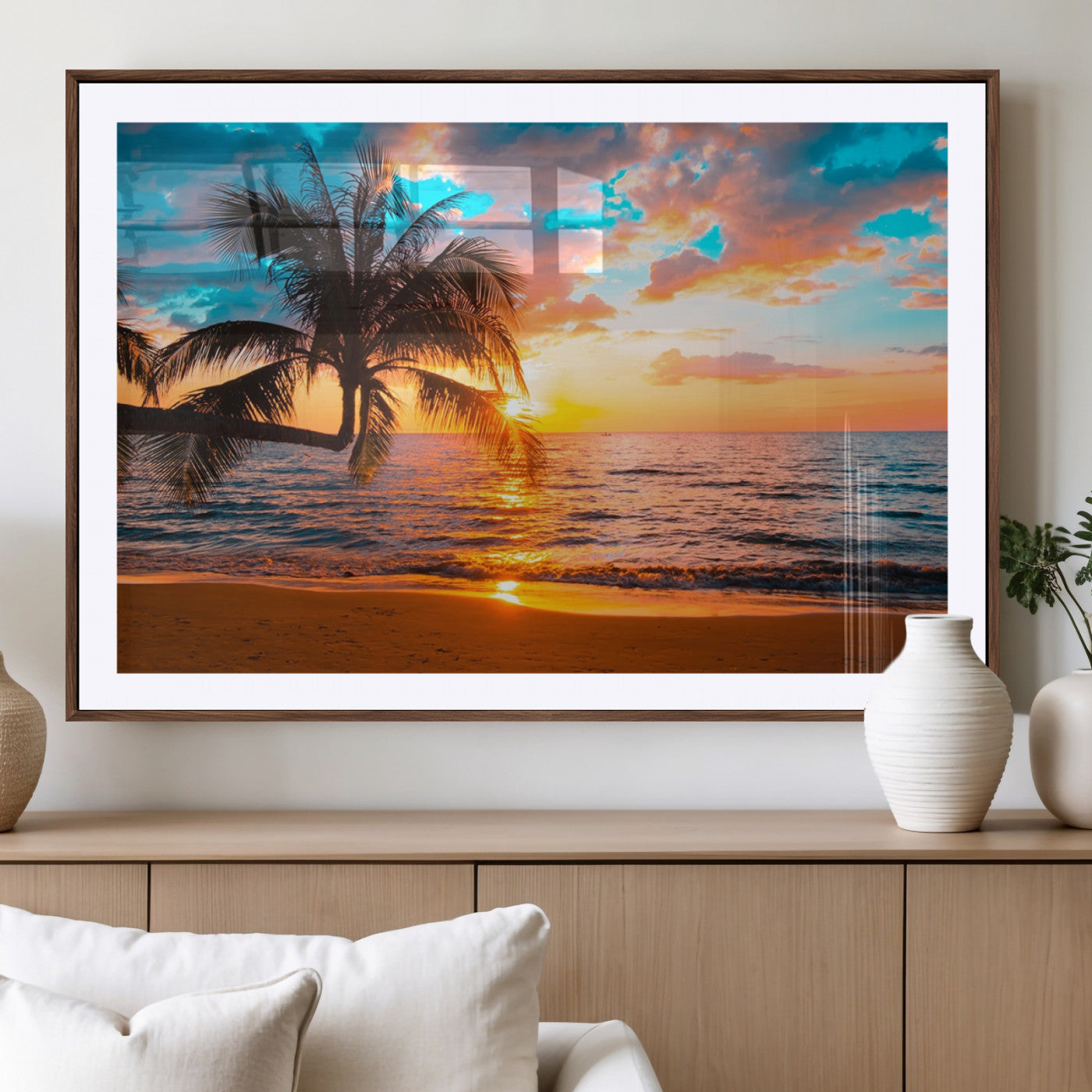 -Palm Tree Sunset On The Beach Wall Art Canvas, Framed Palm Tree Sunset Canvas Print