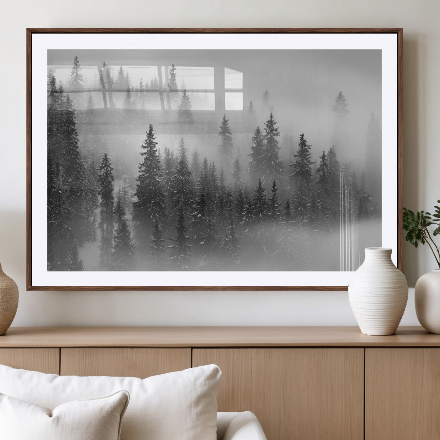 MGC-FP-36x24 - Black and White Forest Wall Art Print – Misty Pine Tree Canvas Print – Winter Woodland Nature Artwork – Perfect for Minimalist Home Decor