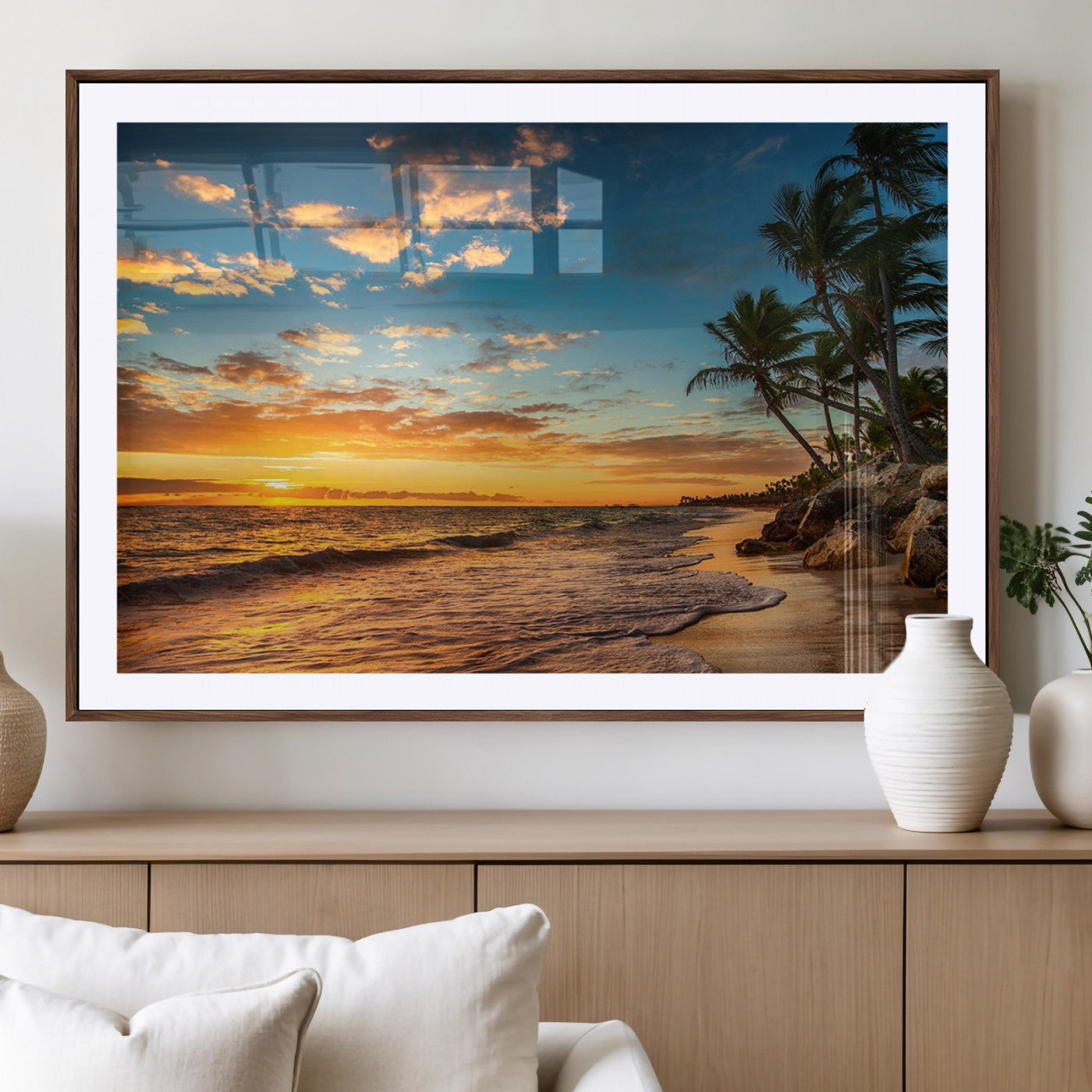 MGC-FP-36x24 - Tropical Beach Sunset Wall Art Print – Palm Tree Coastal Canvas Print – Ocean Seascape Artwork – Perfect for Tropical Modern Home Decor