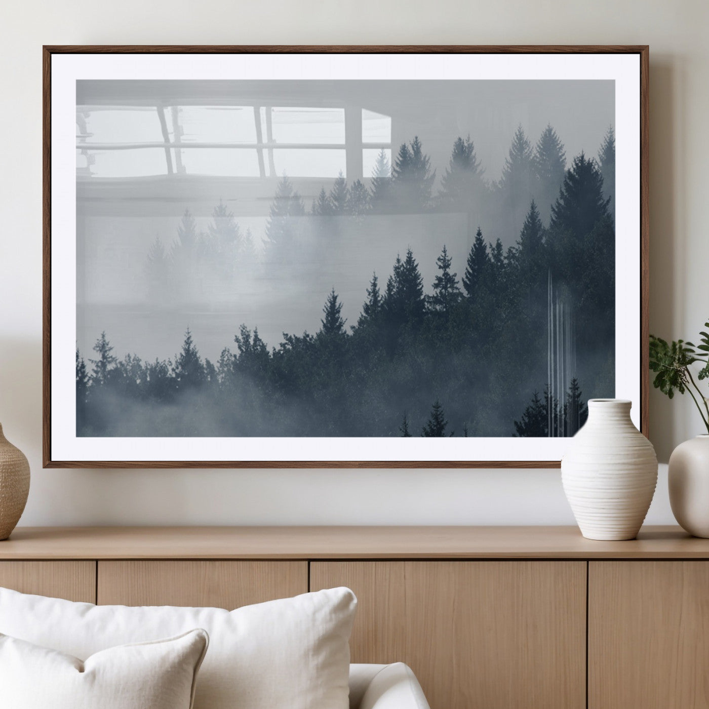 MGC-FP-36x24 - Misty Forest Wall Art Print – Foggy Pine Tree Canvas Print – Dark Woodland Nature Artwork – Perfect for Minimalist and Modern Home Decor