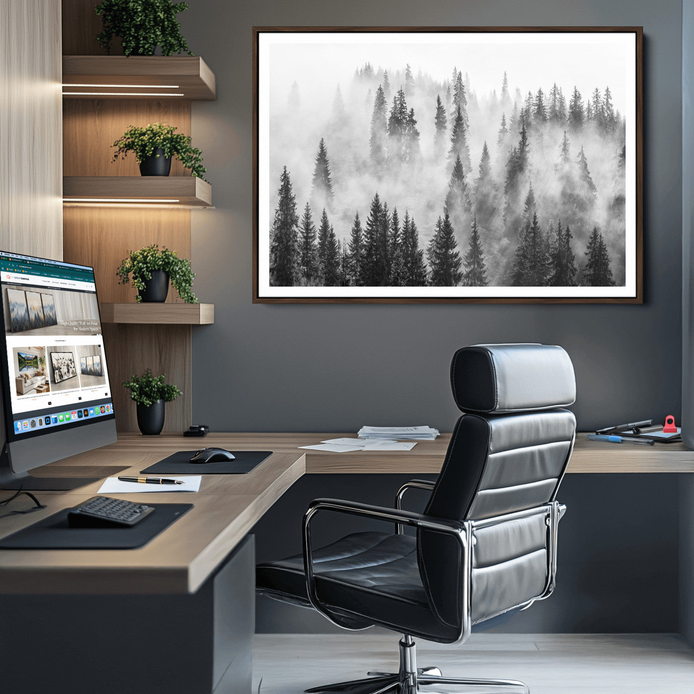 10422-MGV-CV-36X24-Forest Wall Art Print | Foggy Pine Forest Canvas Wall Art - Black and White Nature Decor for Living Room