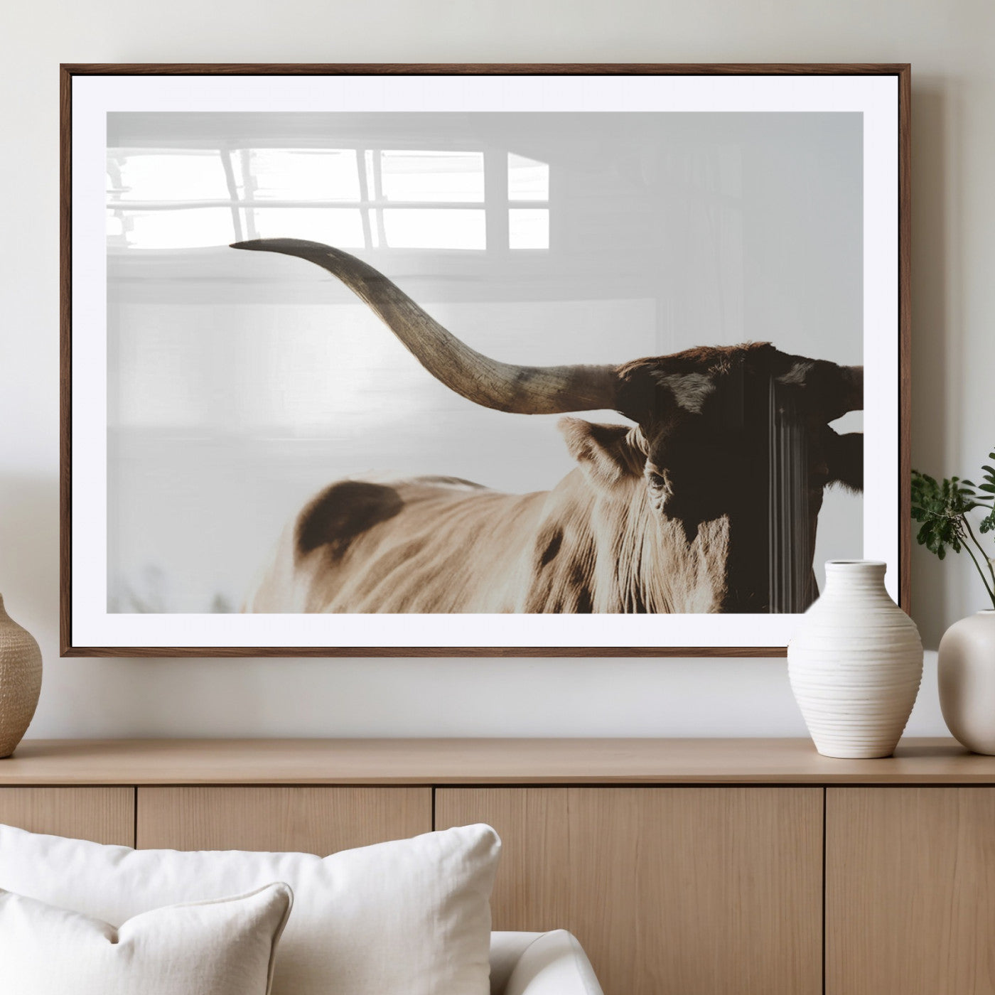 MGC-FP-36x24 - Texas Longhorn Wall Art Canvas Print | 3-Panel Large Longhorn Canvas Print for Living Room, Framed
