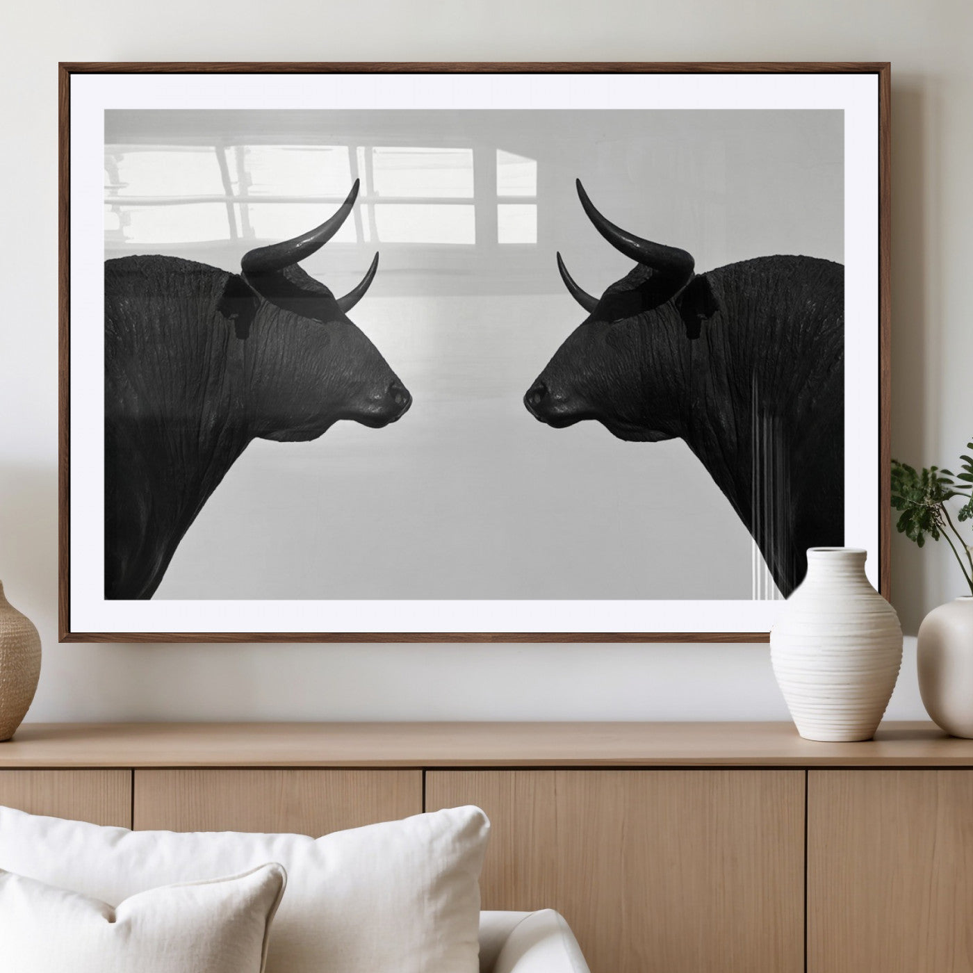 -Spanish Bull Art - Framed Black and White Bull Canvas Print for Modern Rustic Home or Office Decor