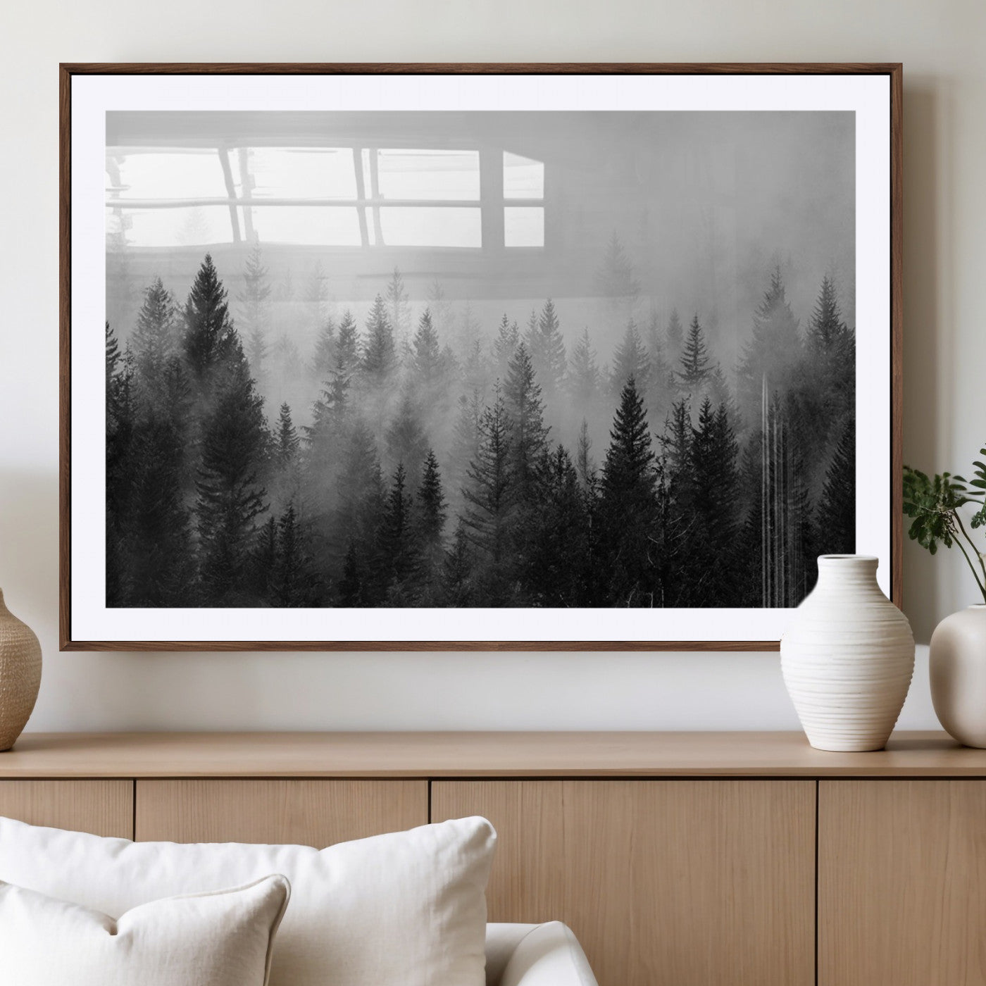 MGC-FP-36x24 - Foggy Black and White Forest Canvas Wall Art, 3 Panel Misty Pine Trees Canvas Print for Living Room,