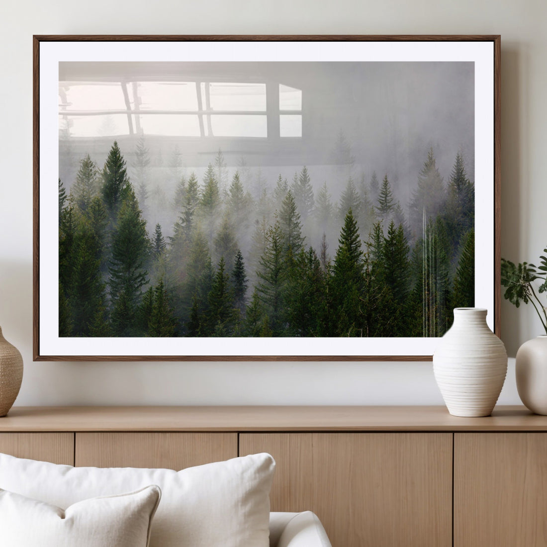 Misty Pine Forest Wall Art Canvas Print | 3 Panel Green Woodland Nature Decor