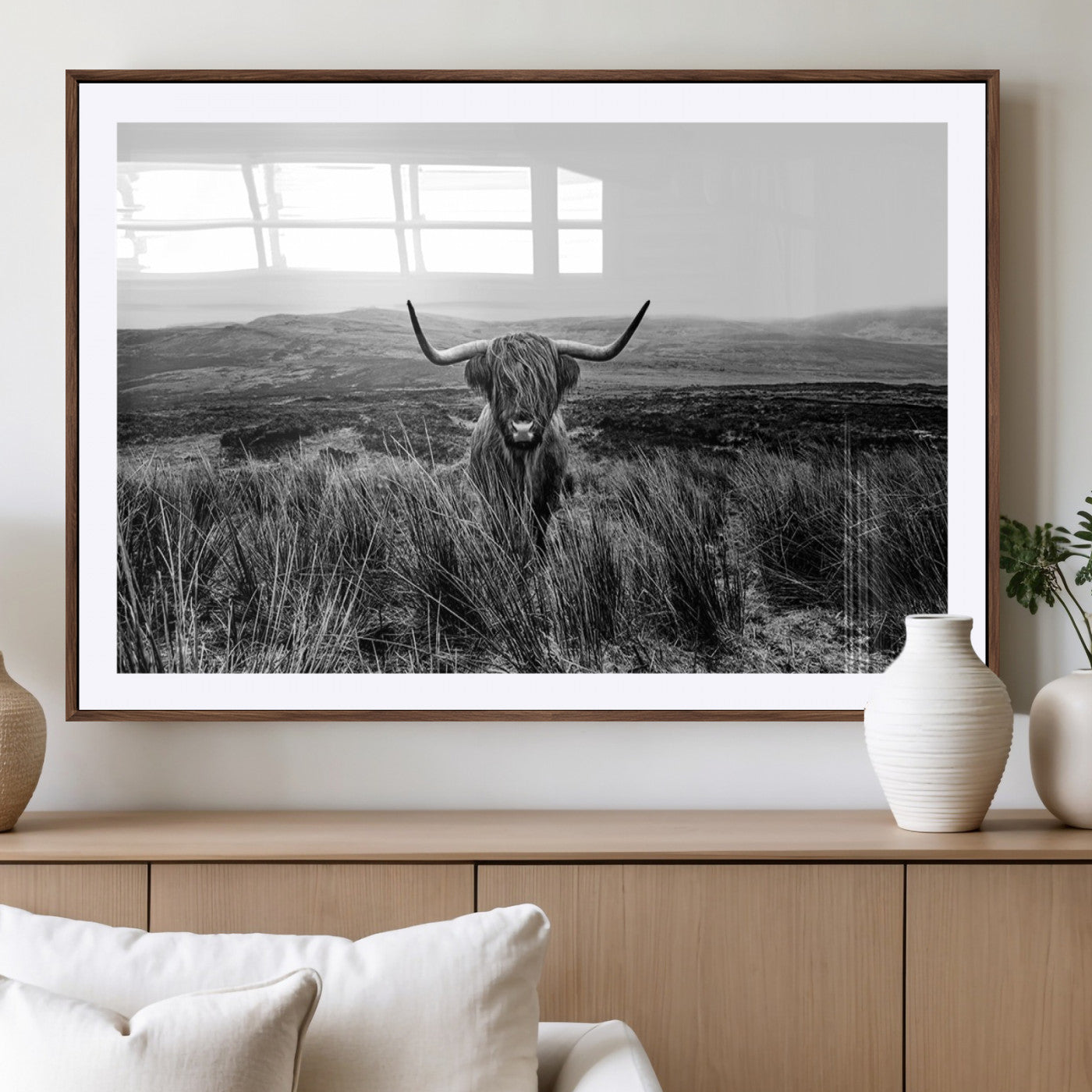 MGC-FP-36x24 - Black and White Highland Cow Canvas Wall Art, Longhorn Triptych Western Wall Decor for Cabin -
