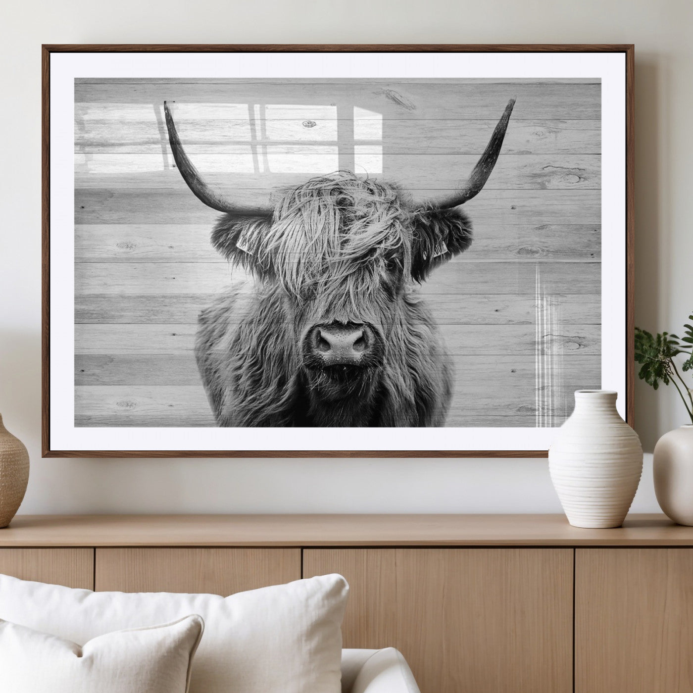 MGC-FP-36x24 - Scottish Highland Cow Cattle Art Print on Wood Background Style, Scottish Highland Cow Wall Art
