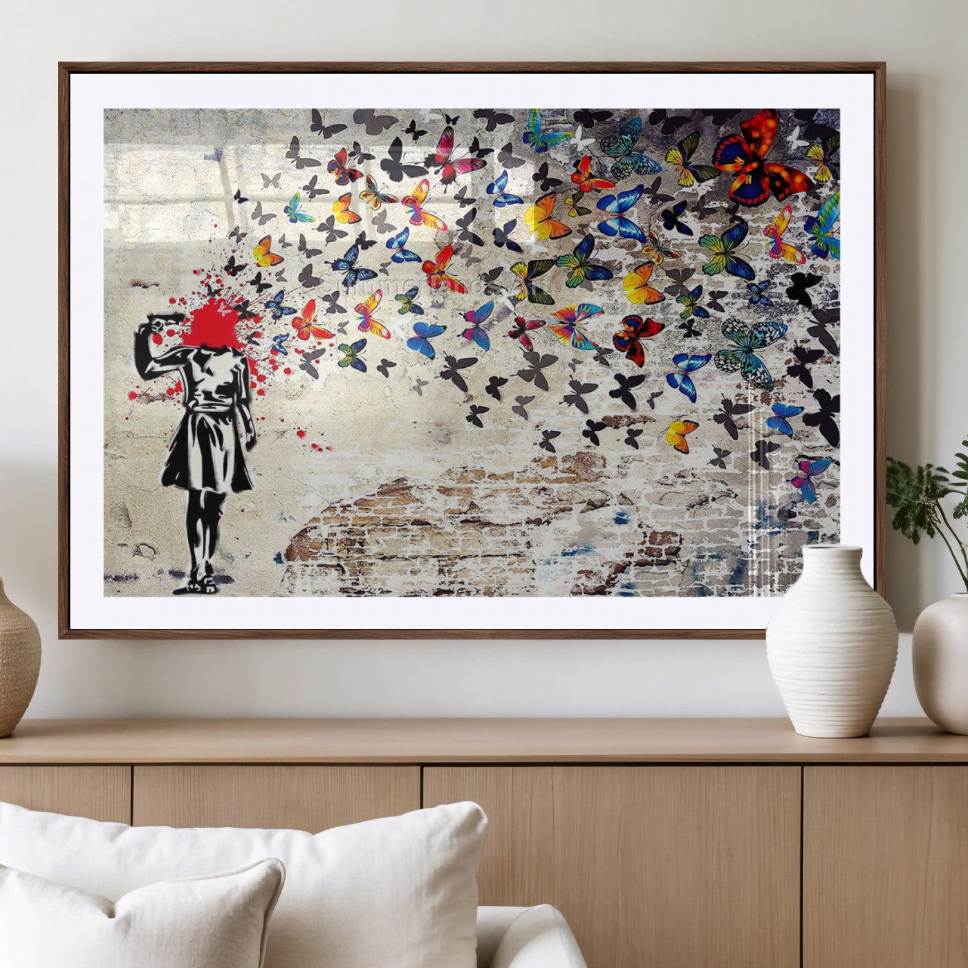 MGC-FP-36x24 - Banksy Art Butterfly Girl Explosion Canvas Art – Vibrant Urban Graffiti for Modern Interiors - Ready