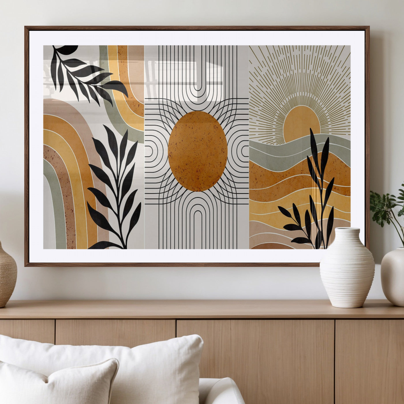 MGC-FP-36x24 - Modern Boho Sun and Leaf Abstract Art – 3-Panel Giclée Canvas for Mid-Century Modern or Bohemian