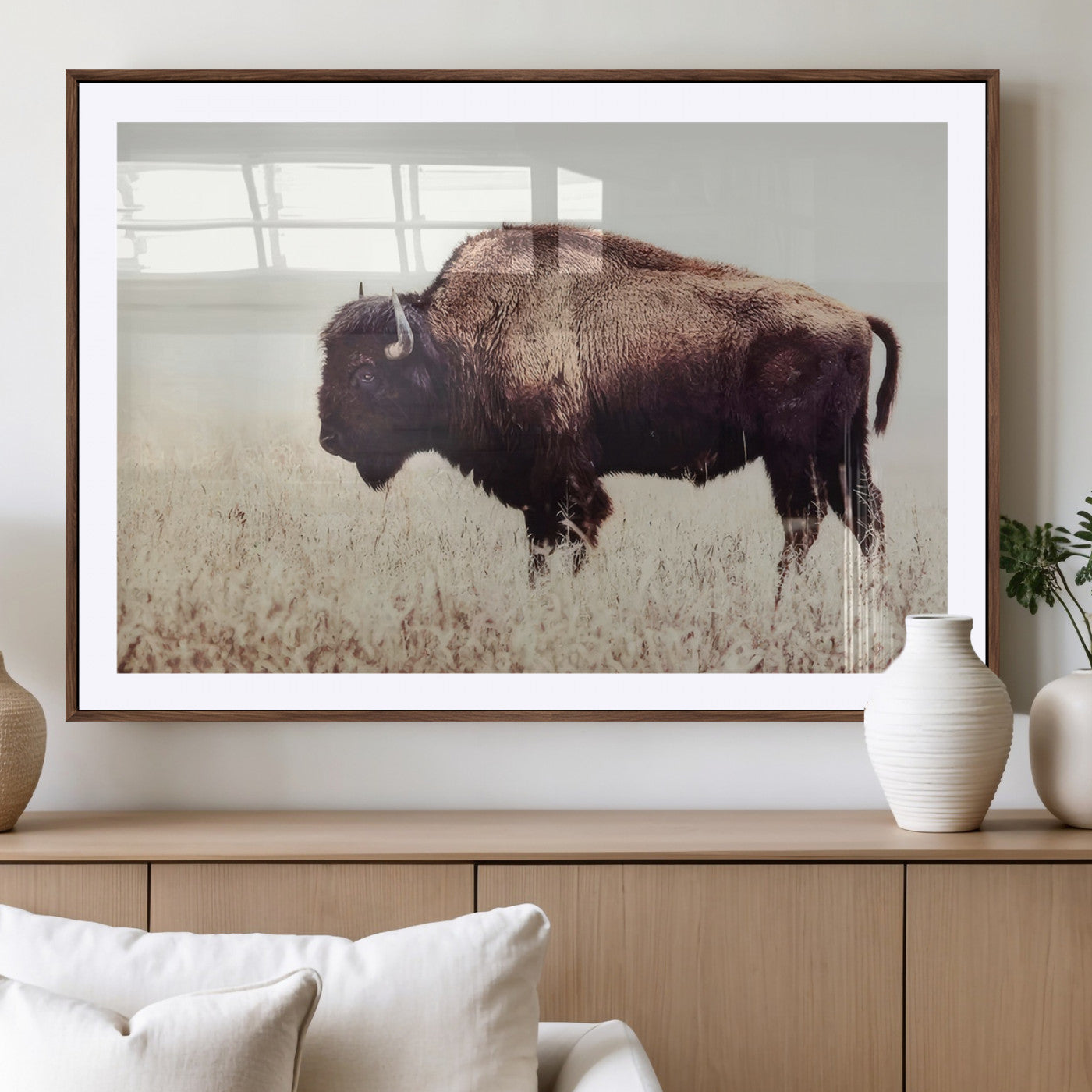 MGC-FP-36x24 - Bison in Field Wall Art Canvas Print For Farmhouse Barn Decor