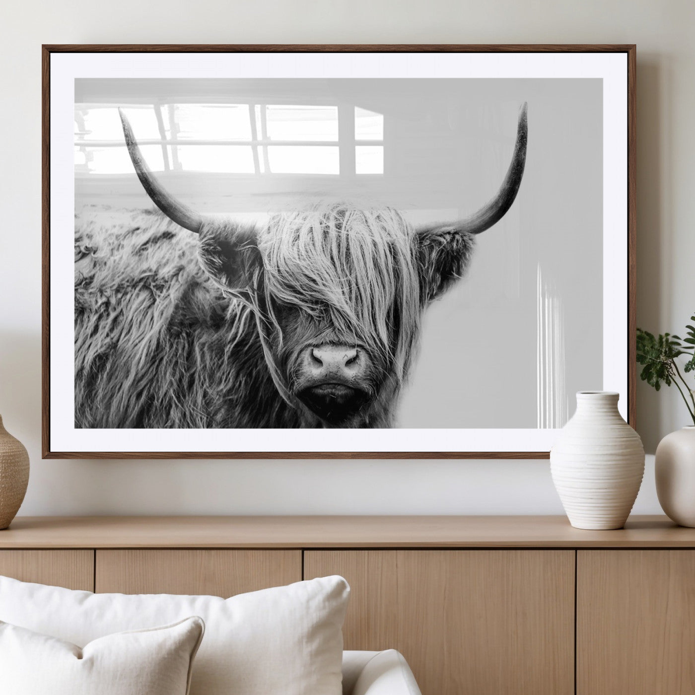 MGC-FP-36x24 - Black White Scottish Highland Cow Cattle Art Print Farmhouse Wall Art Canvas Print