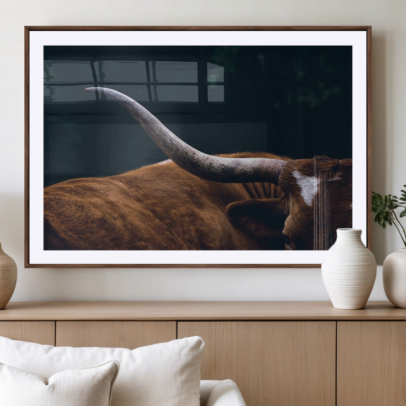 MGC-FP-36x24 - Texas Longhorn Bull Wall Art Canvas Print - Large Framed Canvas Wall Art, Farmhouse Cabin Wall