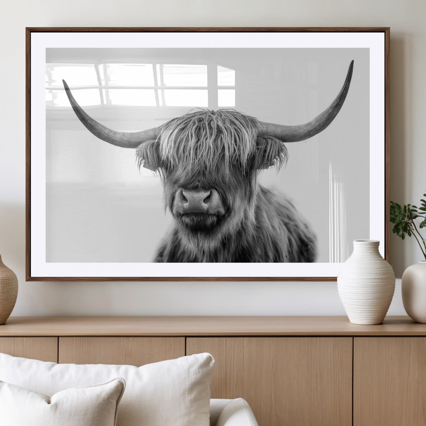 MGC-FP-36x24 - Grayscale Scottish Highland Cow Cattle Art Print Farmhouse Wall Art Canvas Print