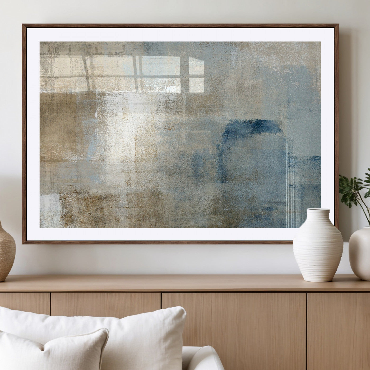 MGC-FP-36x24 - Abstract Blue and Beige Wall Art, Modern Minimalist Canvas Print Set, Giclee Textured Art, Large