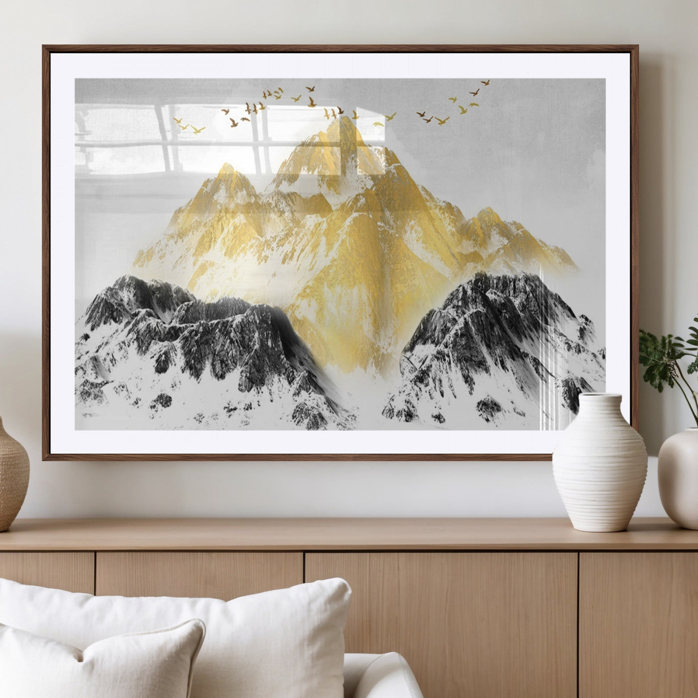 -Golden Mountain Triptych Wall Art Canvas Print, Modern Giclee Canvas Print, Nature Landscape Decor