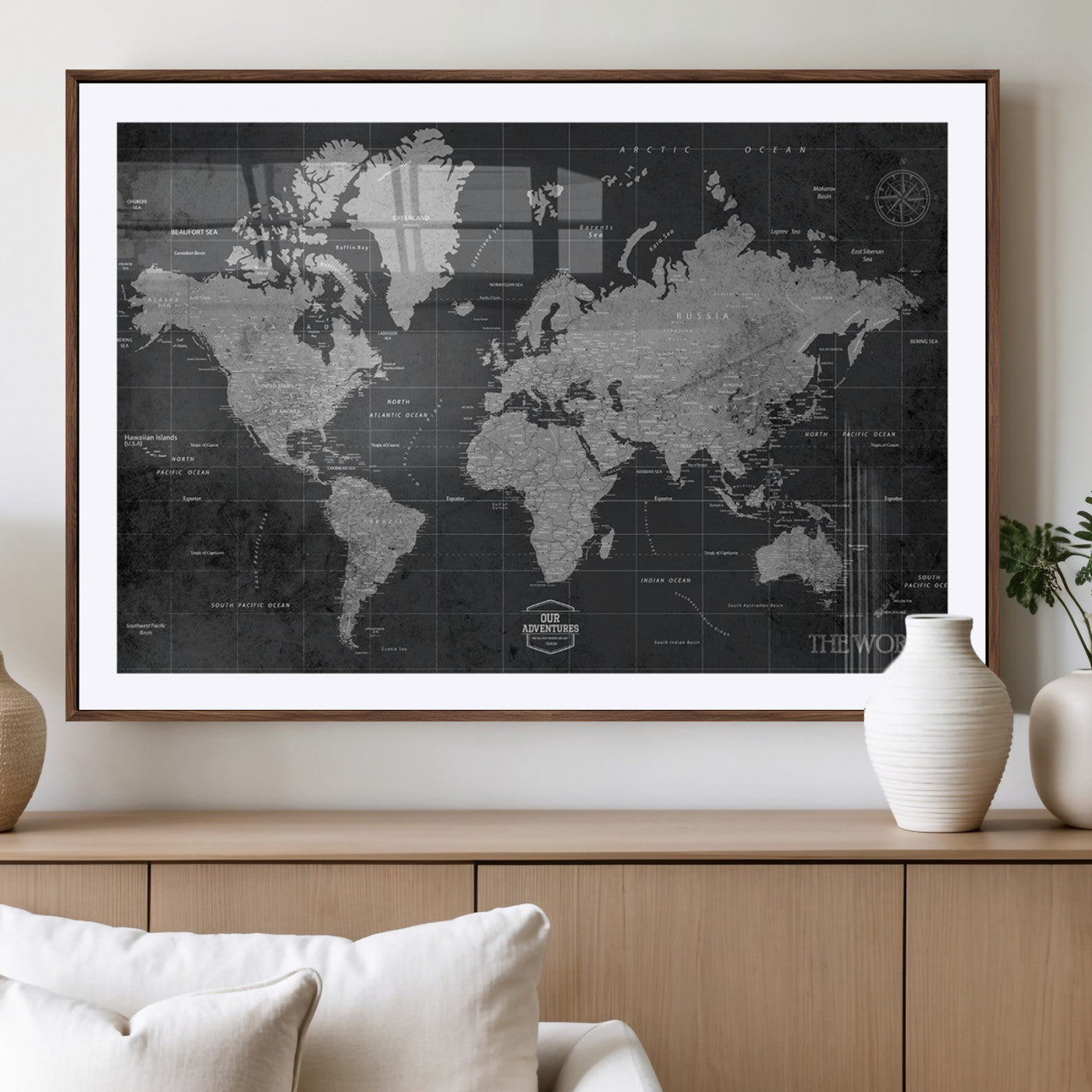MGC-FP-36x24 - Push Pin World Map Canvas Print – Framed Wall Art for Couples to Track Their Travels – Anniversary