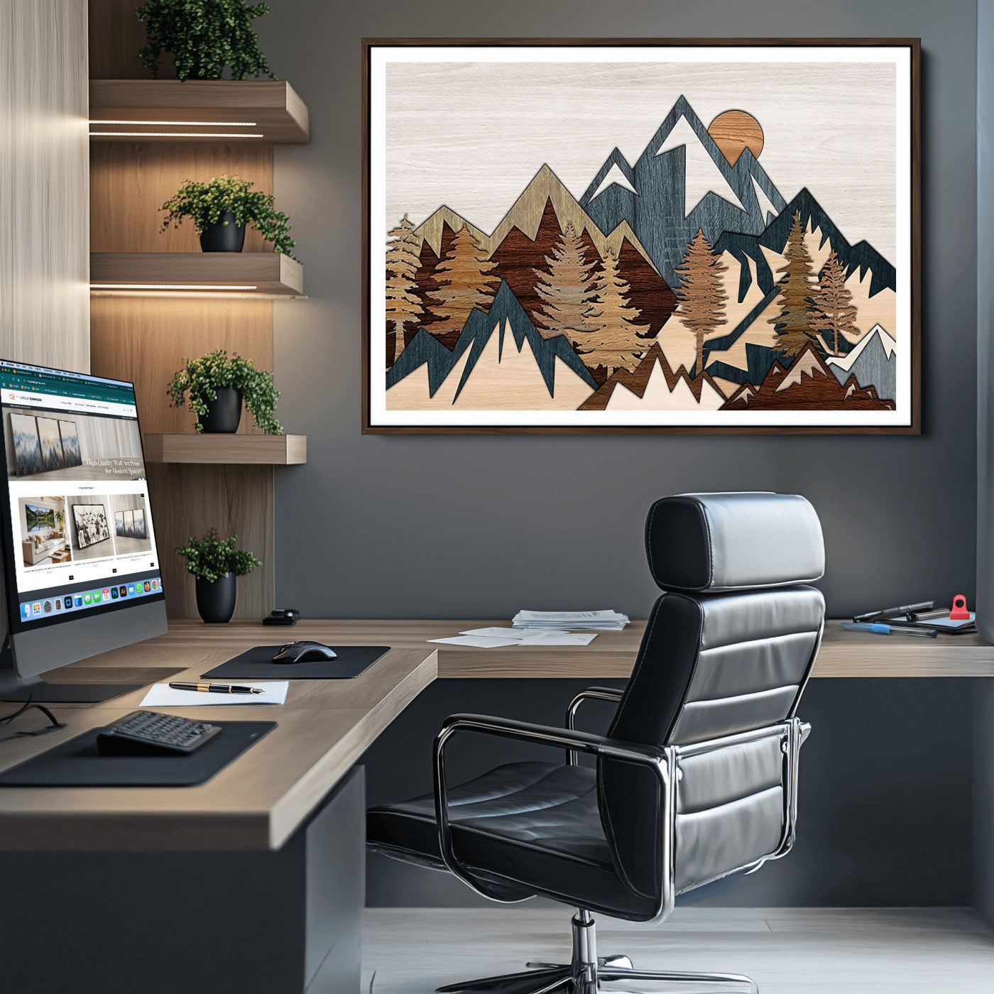 67950-MGV-CV-36X24-Rustic Abstract Wood Panel Effect Canvas Mountain Range Top Wood Wall Art Canvas Print