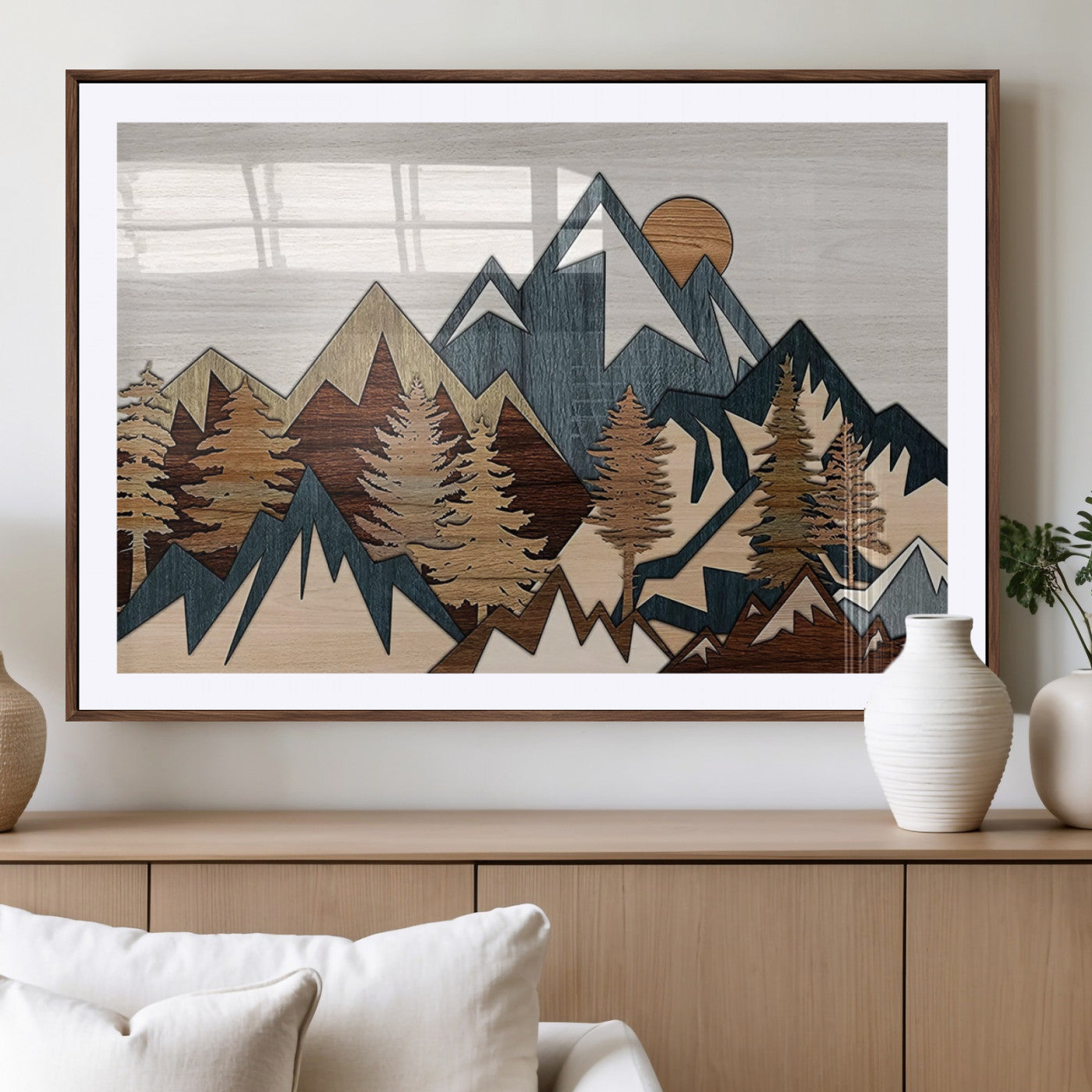 MGC-FP-36x24 - Woodland Mountain Landscape Triptych, Giclee Canvas Art for Modern Home, Rustic Wooden Nature Wall