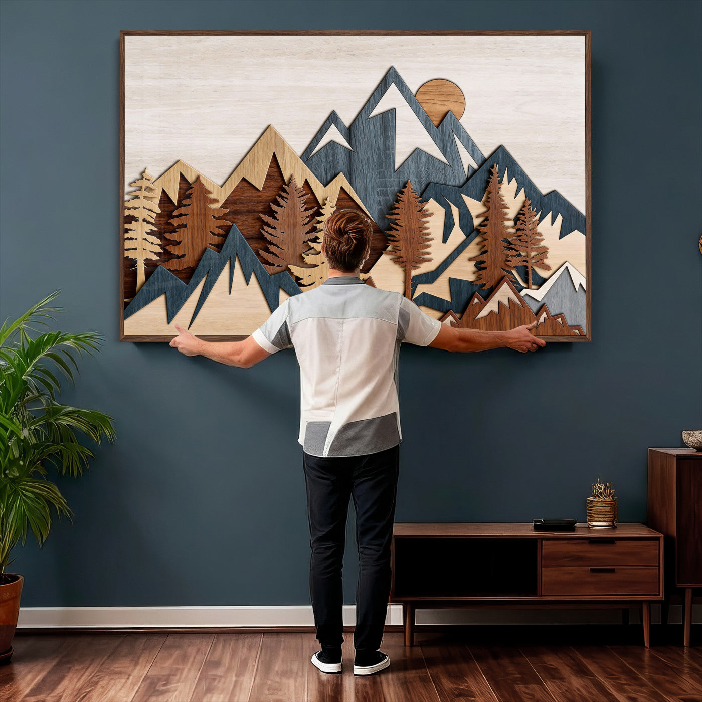 67950-MGV-CV-36X24 - Rustic Abstract Wood Panel Effect Canvas Mountain Range Top Wood Wall Art Canvas Print