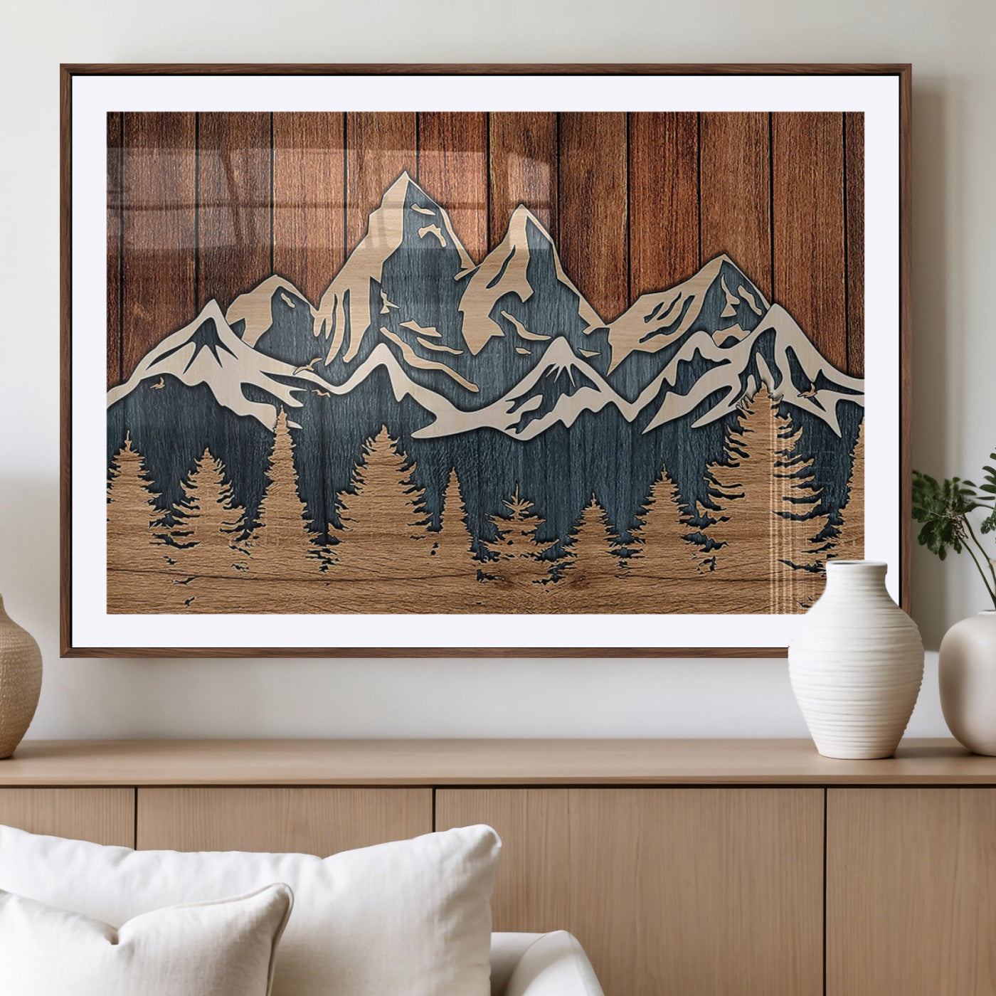 MGC-FP-36x24 - Rustic Wood Style Mountain Wall Art, Nature Forest Canvas Print, Wooden Textured Mountain Artwork,