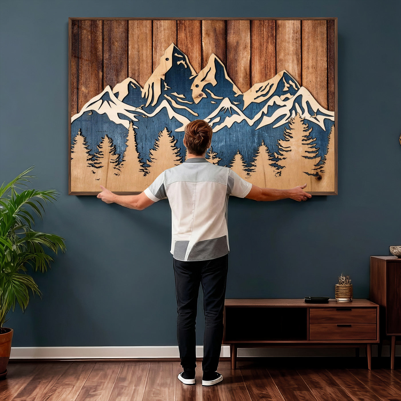41330-MGV-CV-36X24 - Rustic Wood Style Mountain Wall Art, Nature Forest Canvas Print, Wooden Textured Mountain Artwork Print