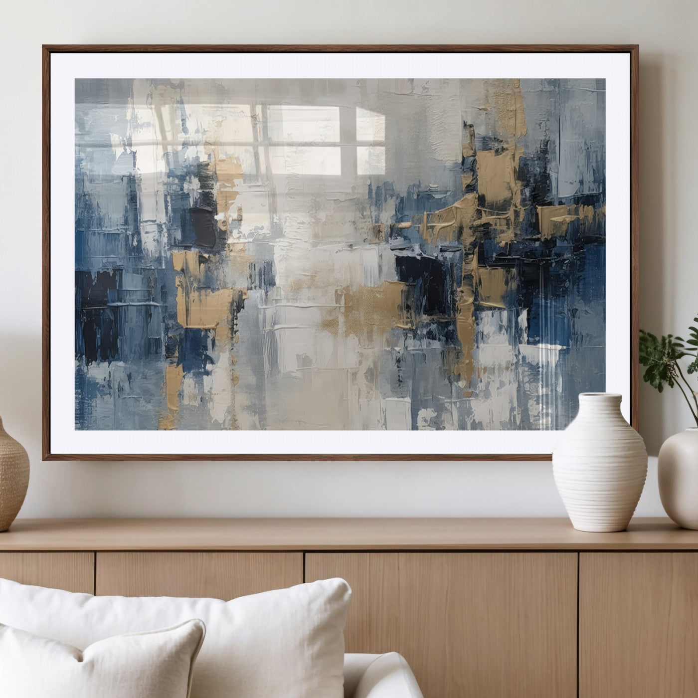 -Modern Abstract Canvas Wall Art in Blue and Gold Tones | Large Contemporary Art for Living Room,