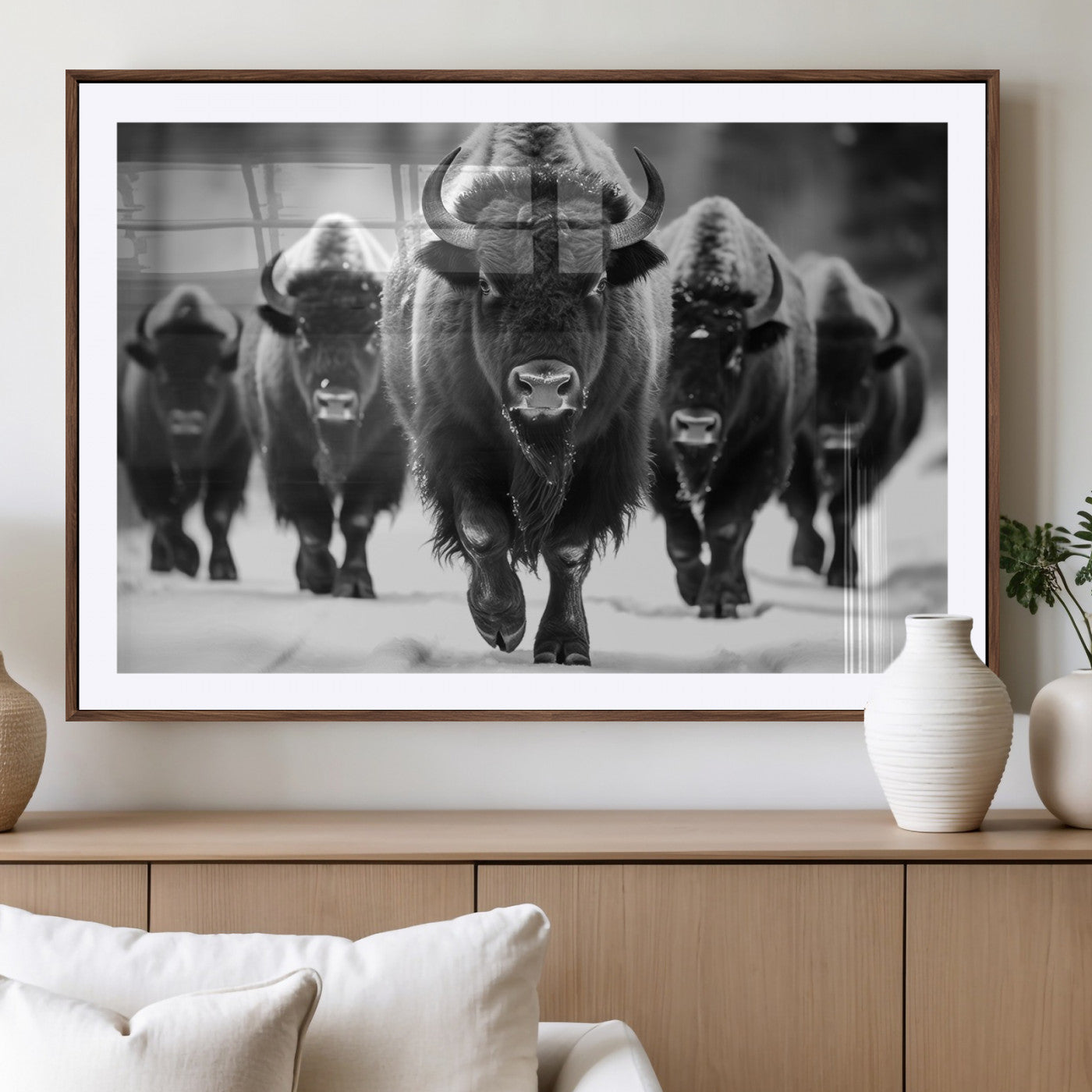 MGC-FP-36x24 - American Bison Art | Buffalo Herd Wall Art Canvas Print, BW American Bison Herd Wall Art Canvas