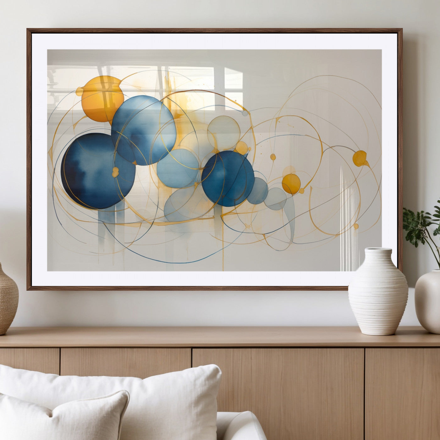 -Geometric Blue Orange Abstract Wall Art Canvas, Geometric Blue Orange Canvas Print