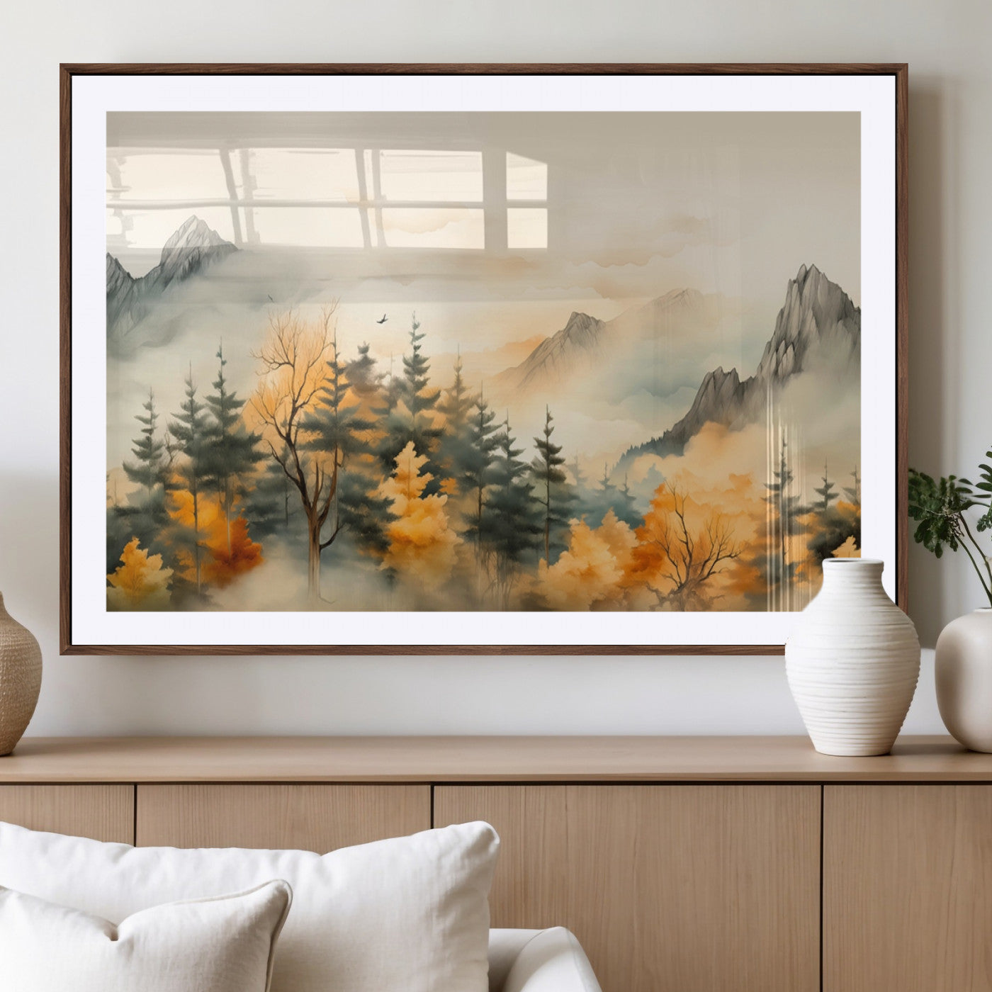 MGC-FP-36x24 - Abstract Watercolor Mountains and Trees Autumn Art, Watercolor Mountains and Trees Canvas Print