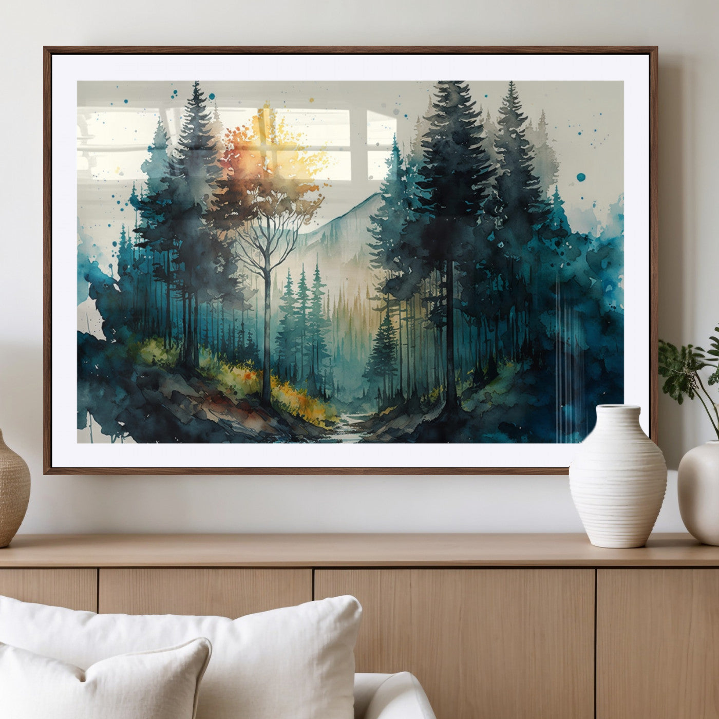 -Watercolor Trees Forest Abstract Wall Art Canvas Print, Framed Watercolor Trees Wall Art