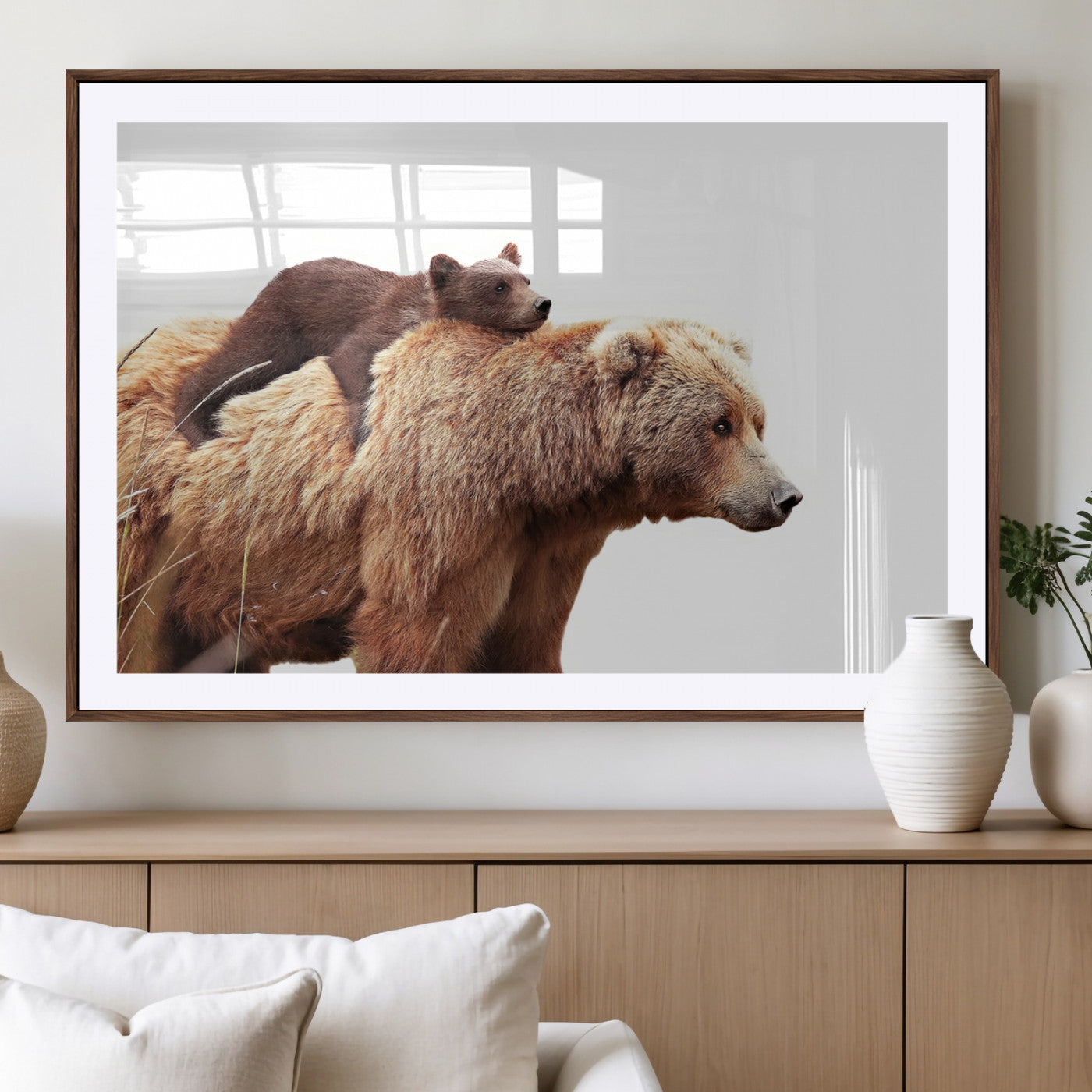 -Mother and Baby Bear Canvas Wall Art - Adorable Wildlife Animal Print, Cozy Rustic Decor for Living