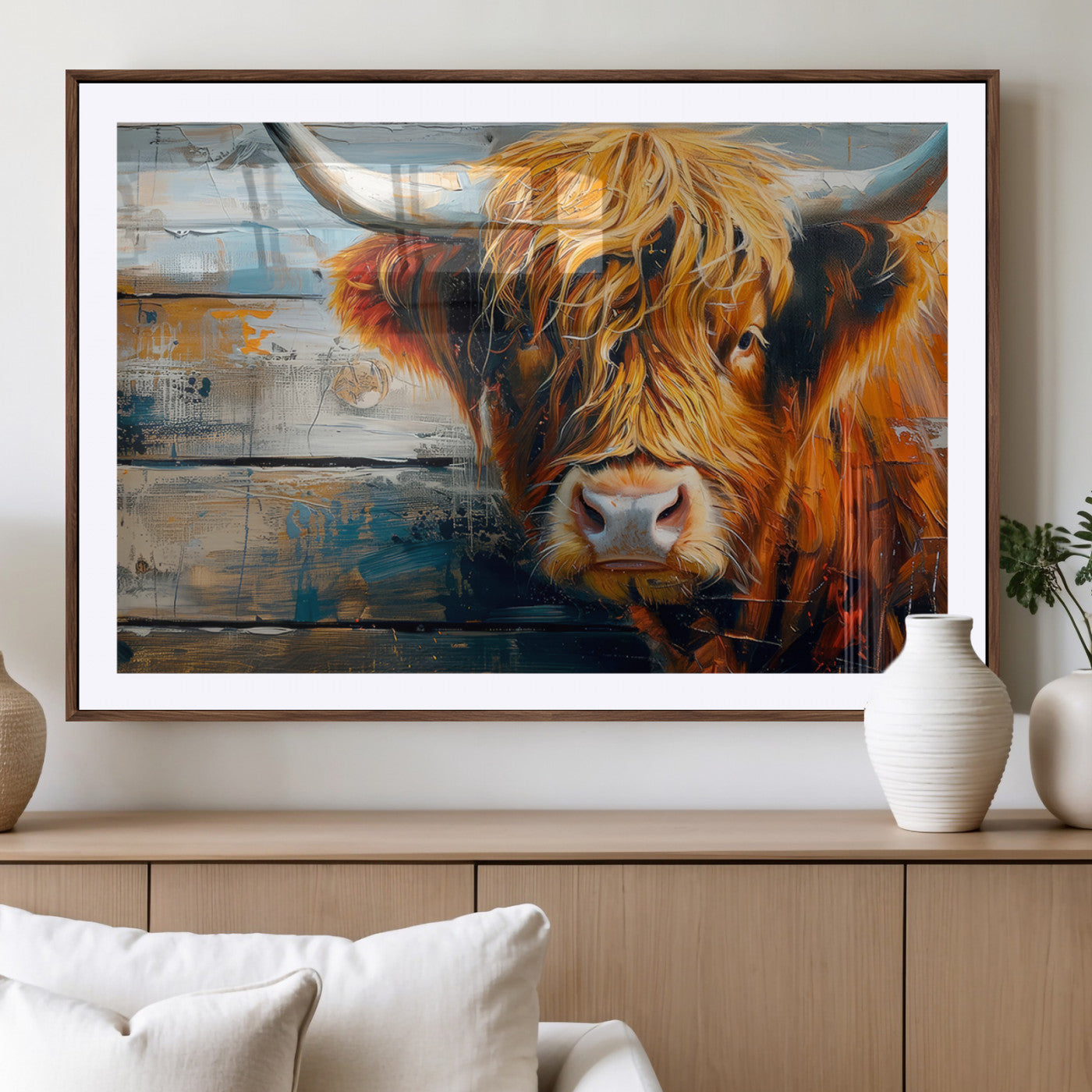 -Highland Cow Abstract Canvas Wall Art – Bold Farmhouse Rustic Decor – Ready to Hang