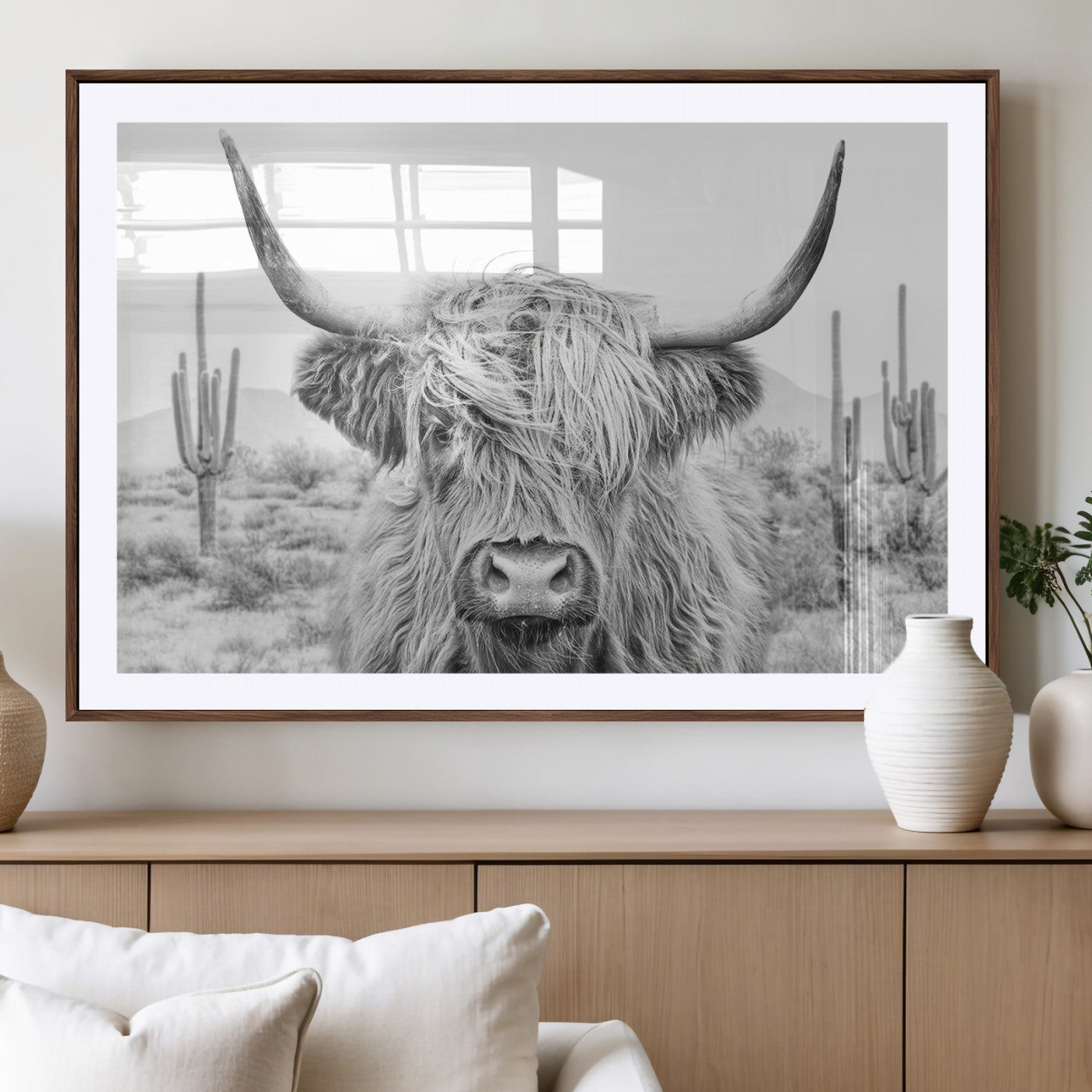 -Rustic Charm | Cow Longhorn Black White Bighorn Wall Art Canvas Print | Farmhouse Wall Art