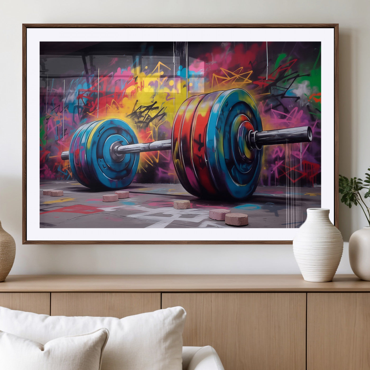 MGC-FP-36x24 - Abstract Graffiti Barbell Canvas Wall Art – Urban Fitness Meets Bold Street Art Print - Gym Wall Art Print