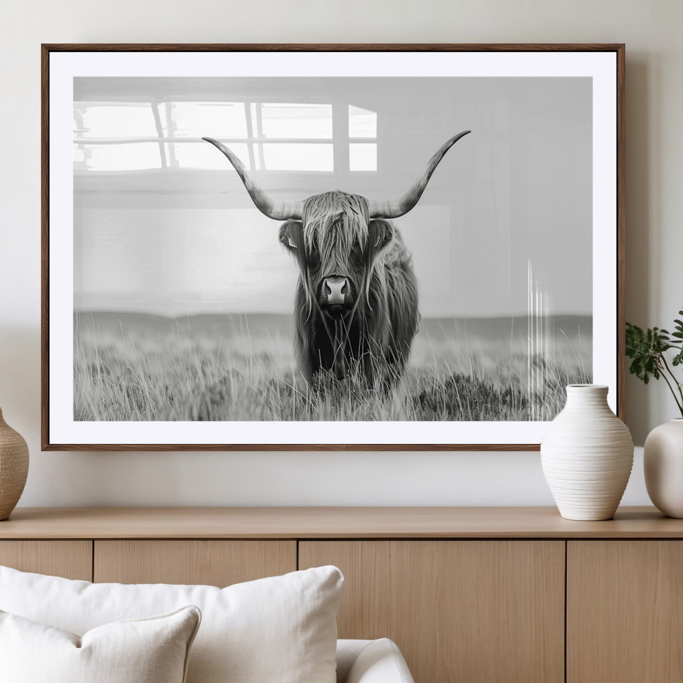 MGC-FP-36x24 - Highland Cow Canvas Wall Art – Majestic Beauty in Black and White