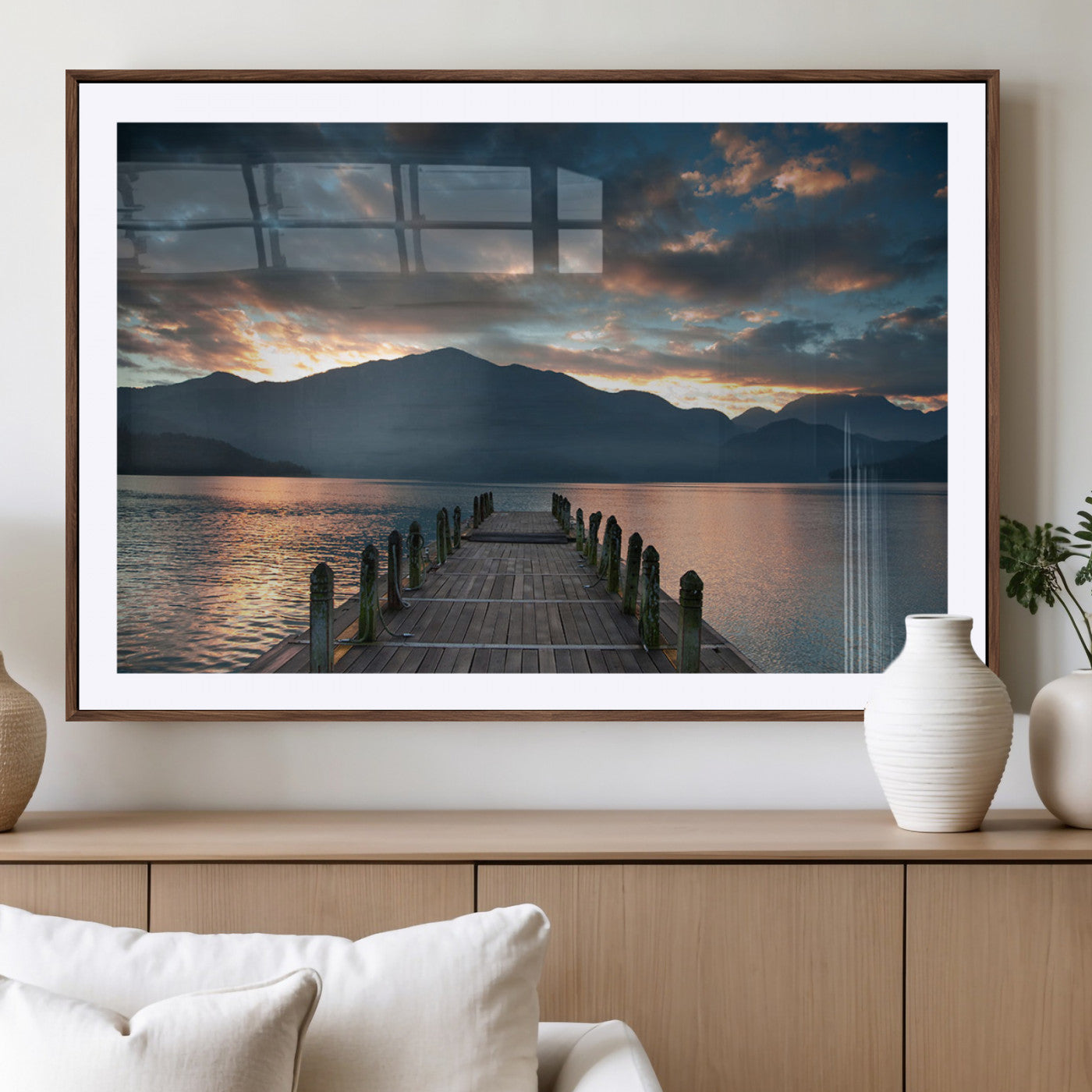MGC-FP-36x24 - Mountain Lake Wood Pier Canvas Wall Art Nature Lake Print