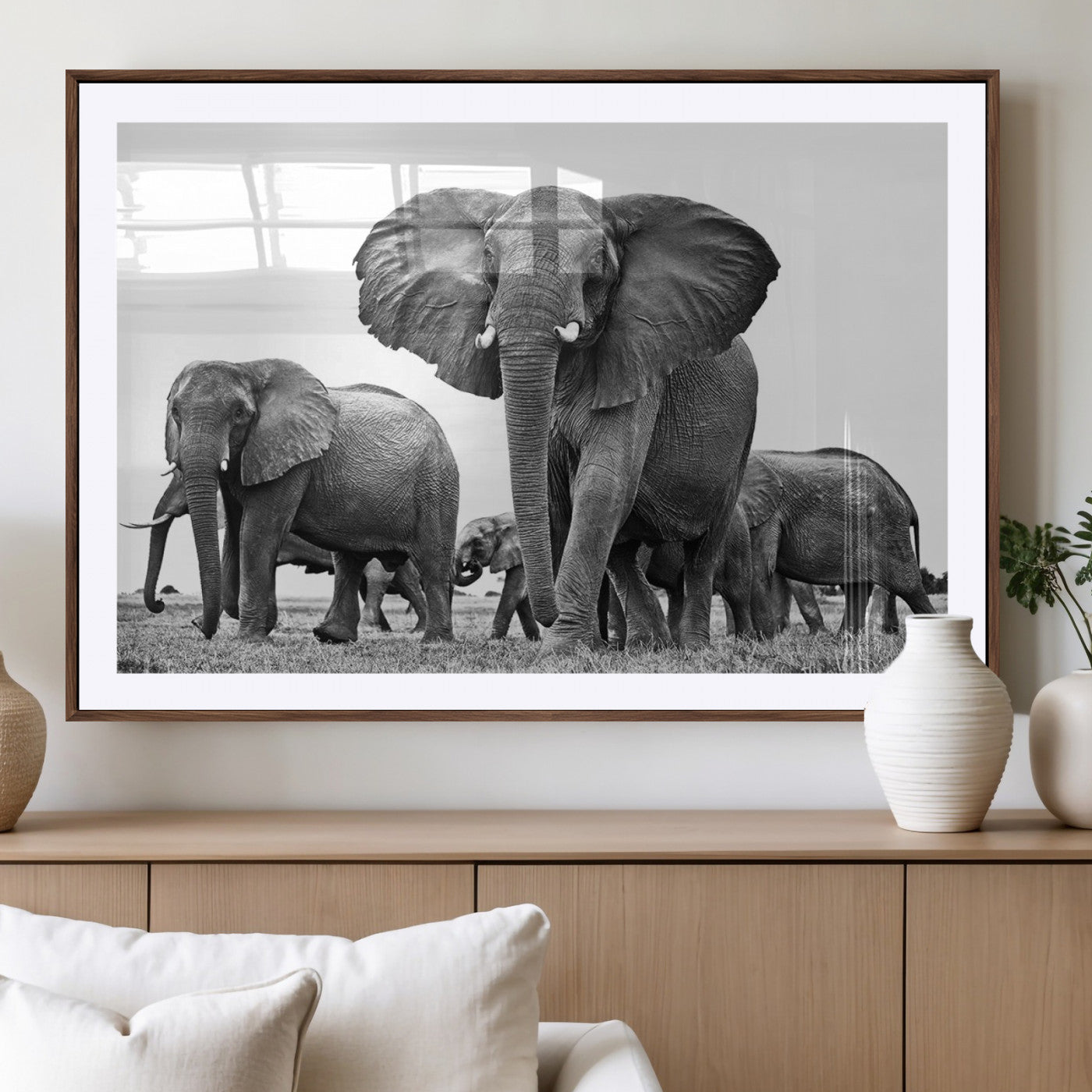 -Black White Elephant Family Wall Art Canvas Print