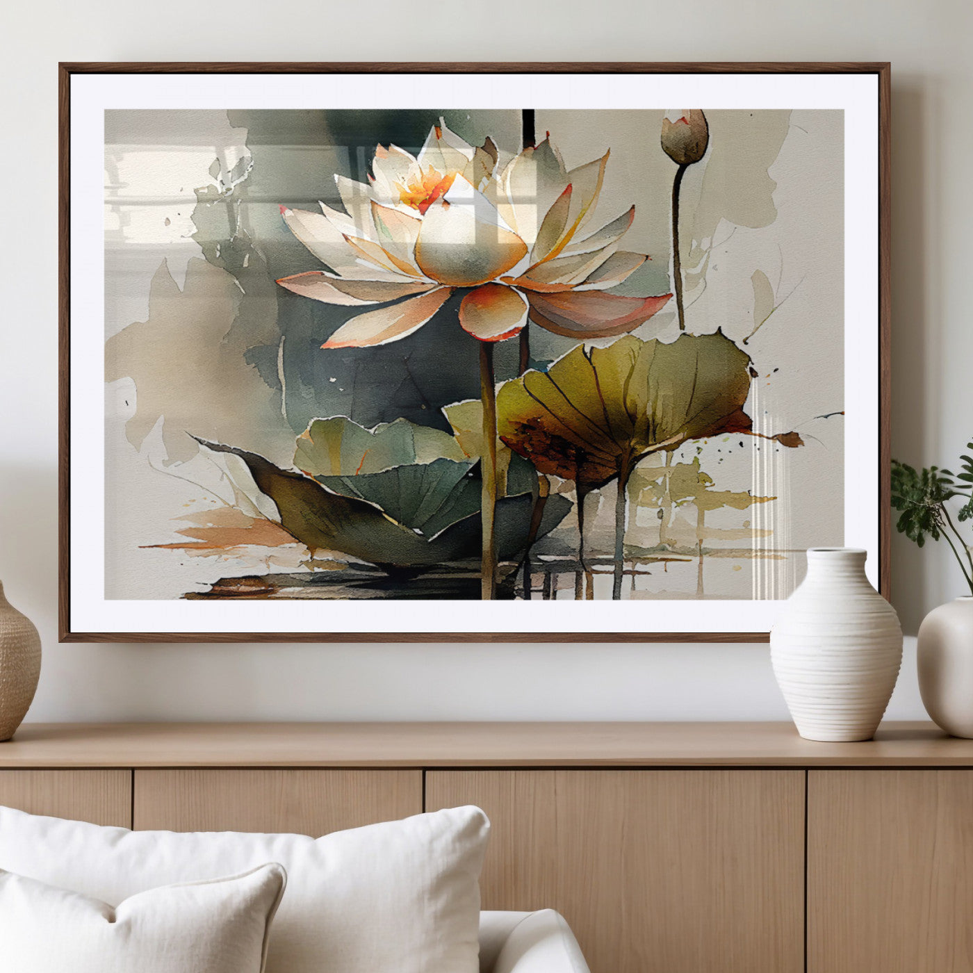 MGC-FP-36x24 - Lotus Flower Watercolor Canvas Print – A Symbol of Serenity and Growth, Captured in Soft Watercolors