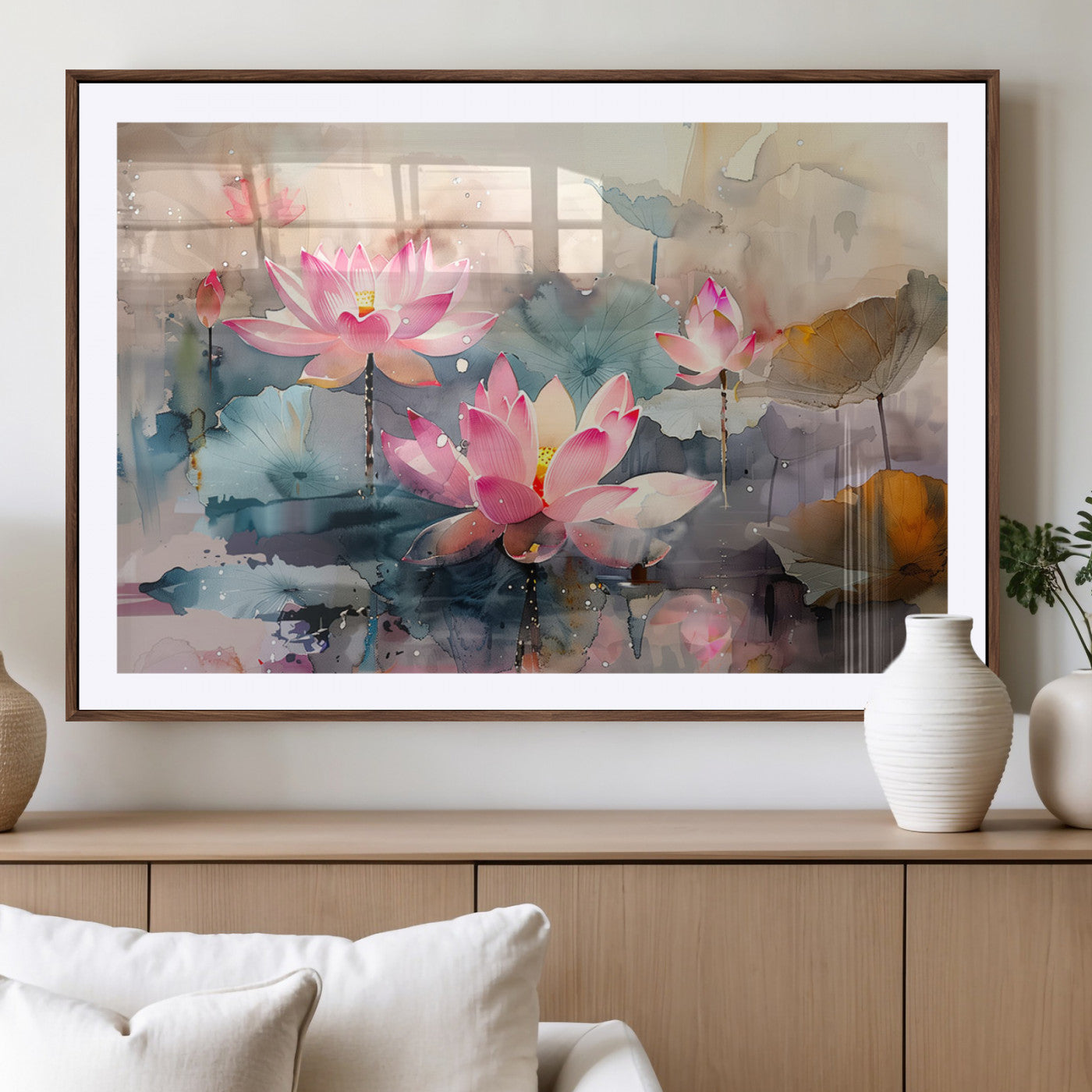 MGC-FP-36x24 - Lotus Flower Wall Art | 3-Panel Giclee Canvas Print of Pink Lotus Blossoms for Living Room, Bedroom,