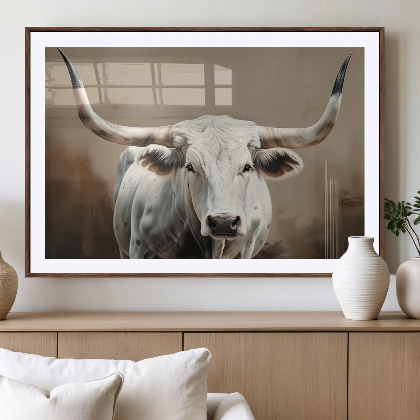 -White Longhorn Bull Wall Art Canvas Print – Framed and Ready to Hang – Perfect for Farmhouse and