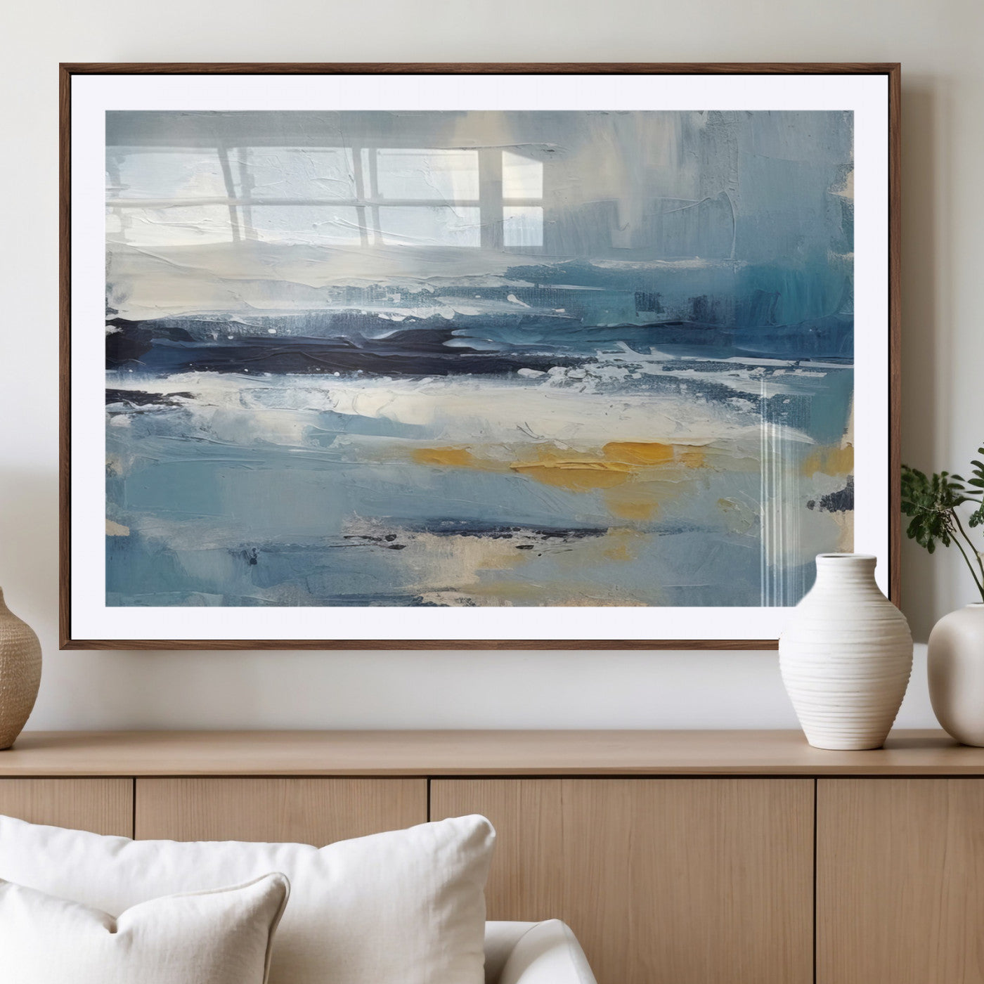 -Abstract Ocean Canvas Wall Art - Coastal Blue and Gold Textured Painting, Modern Seascape Decor for