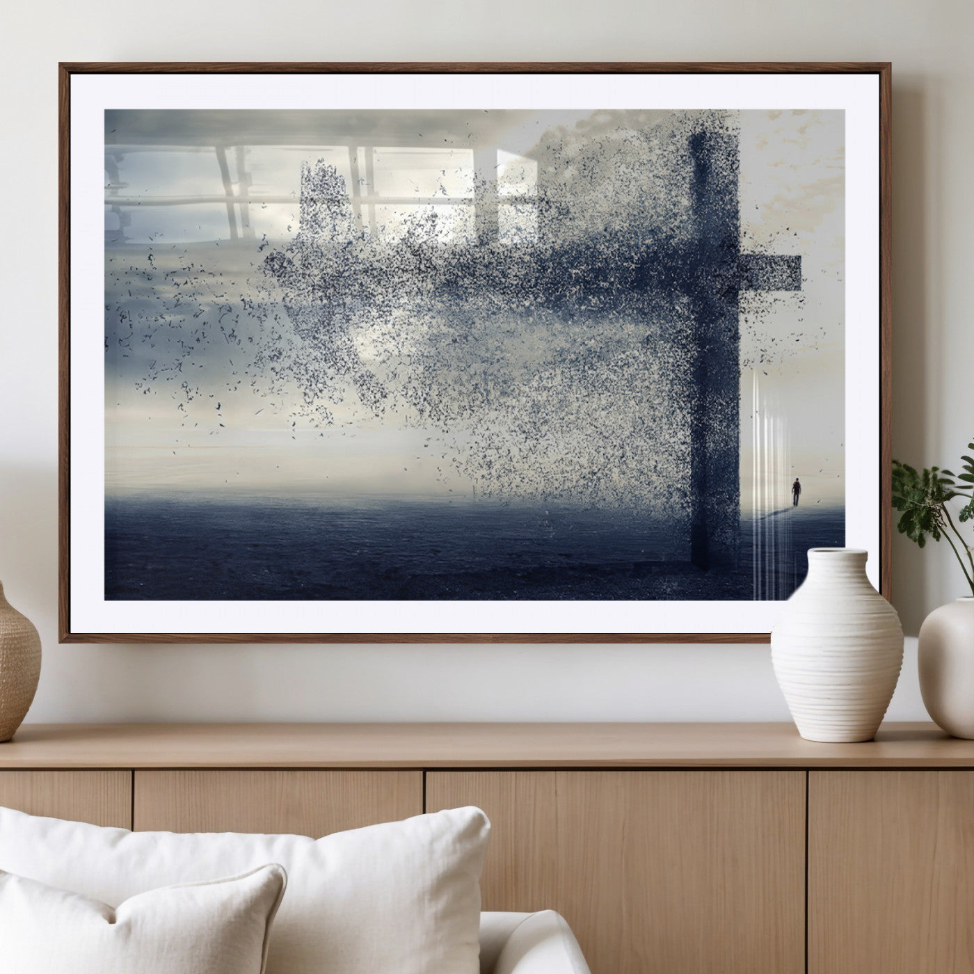 MGC-FP-36x24 - Jesus and the Fading Cross Wall Art Print – Symbol of Faith, Christian Wall Art Canvas Print, Framed