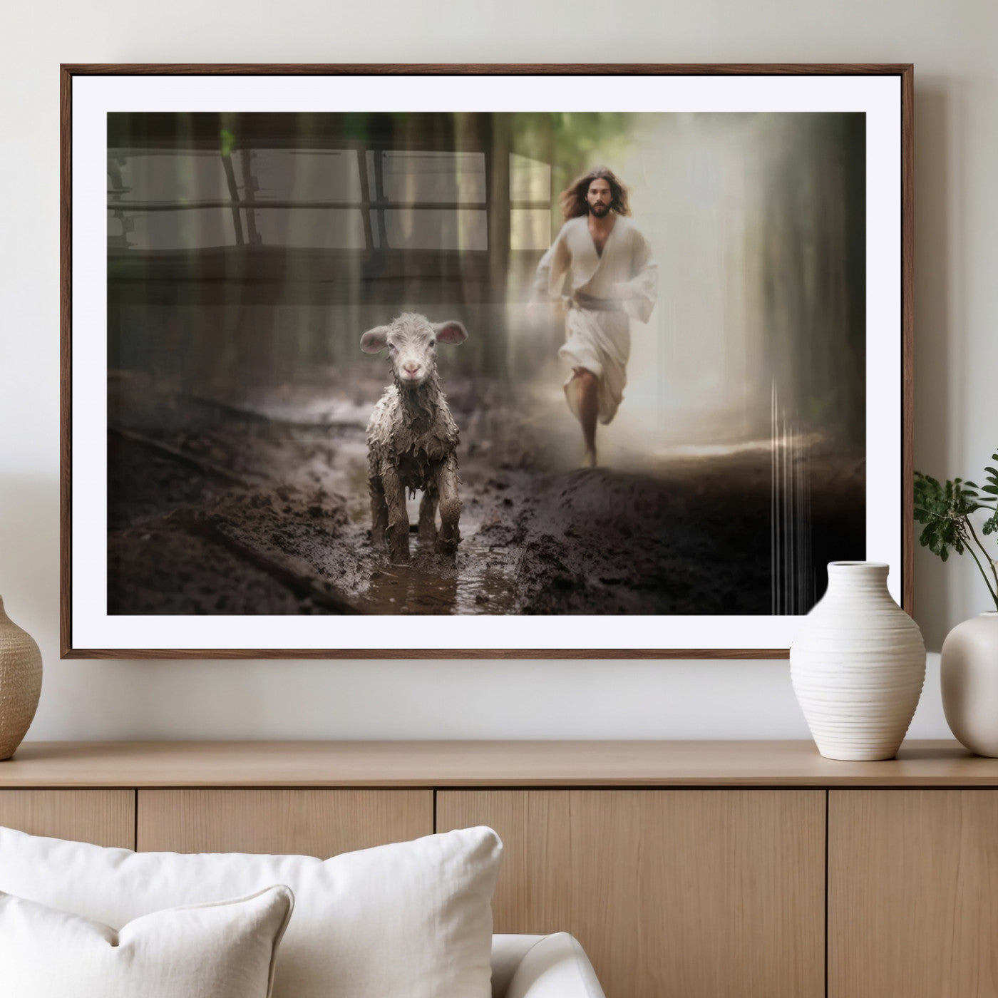 MGC-FP-36x24 - Jesus Canvas Wall Art - Jesus Running After Lost Lamb, Jesus, Christian Home Decor - Church Wall Art
