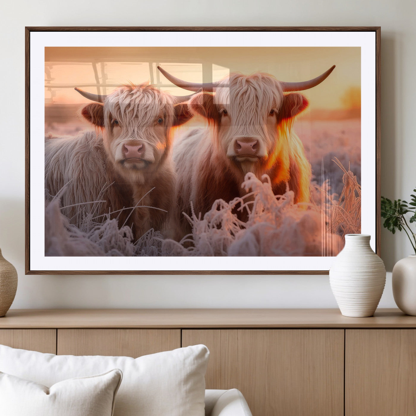 -Highland Cows at Sunrise Wall Art Canvas Set – Serene and Rustic Farmhouse Decor