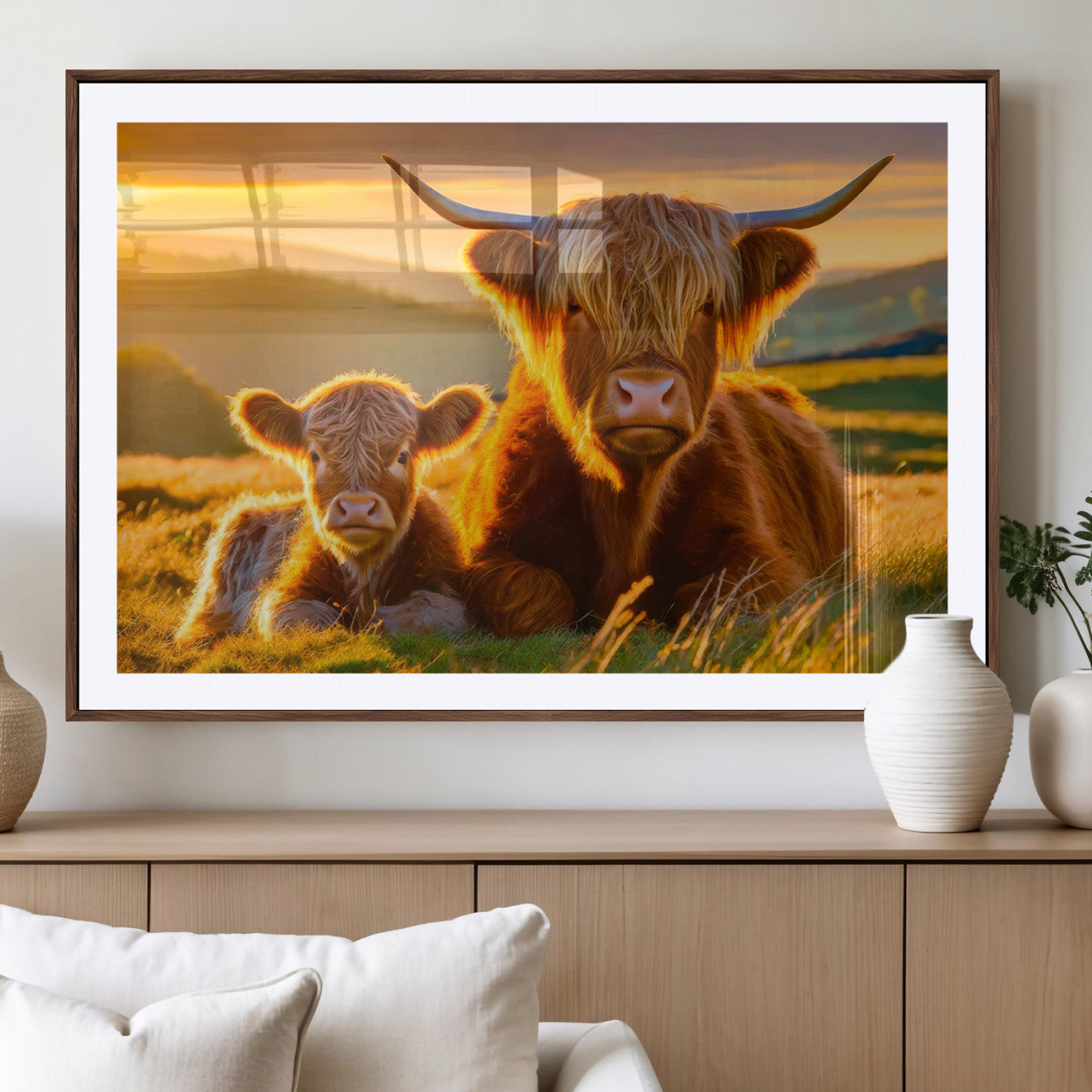 -Scottish Cow and Baby Cow Canvas Wall Art Animal Print Fluffy Cattle Framed Farmhouse Decor